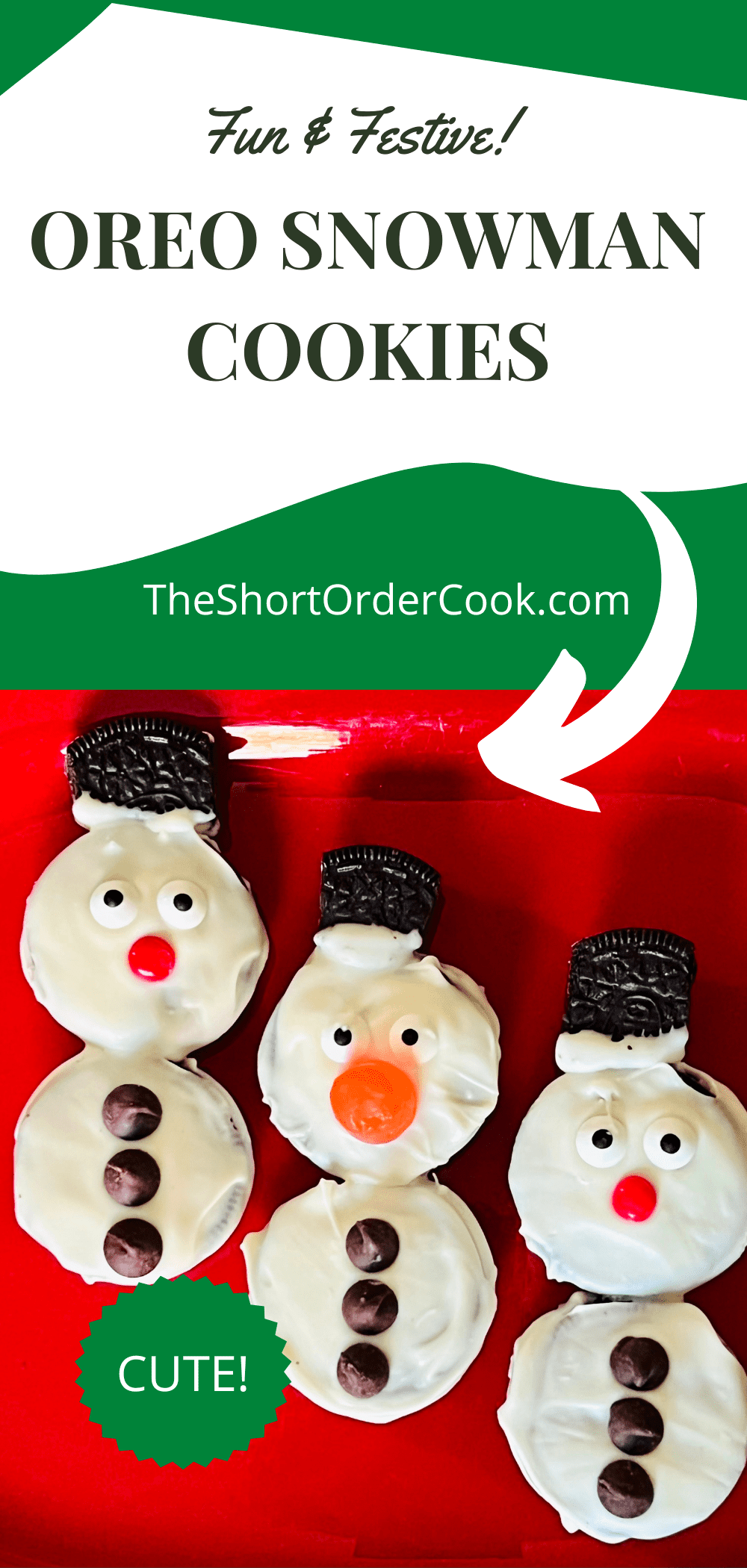 3 Oreo snowman cookies with candy eyeballs gumdrop noses and chocolate chip buttons.