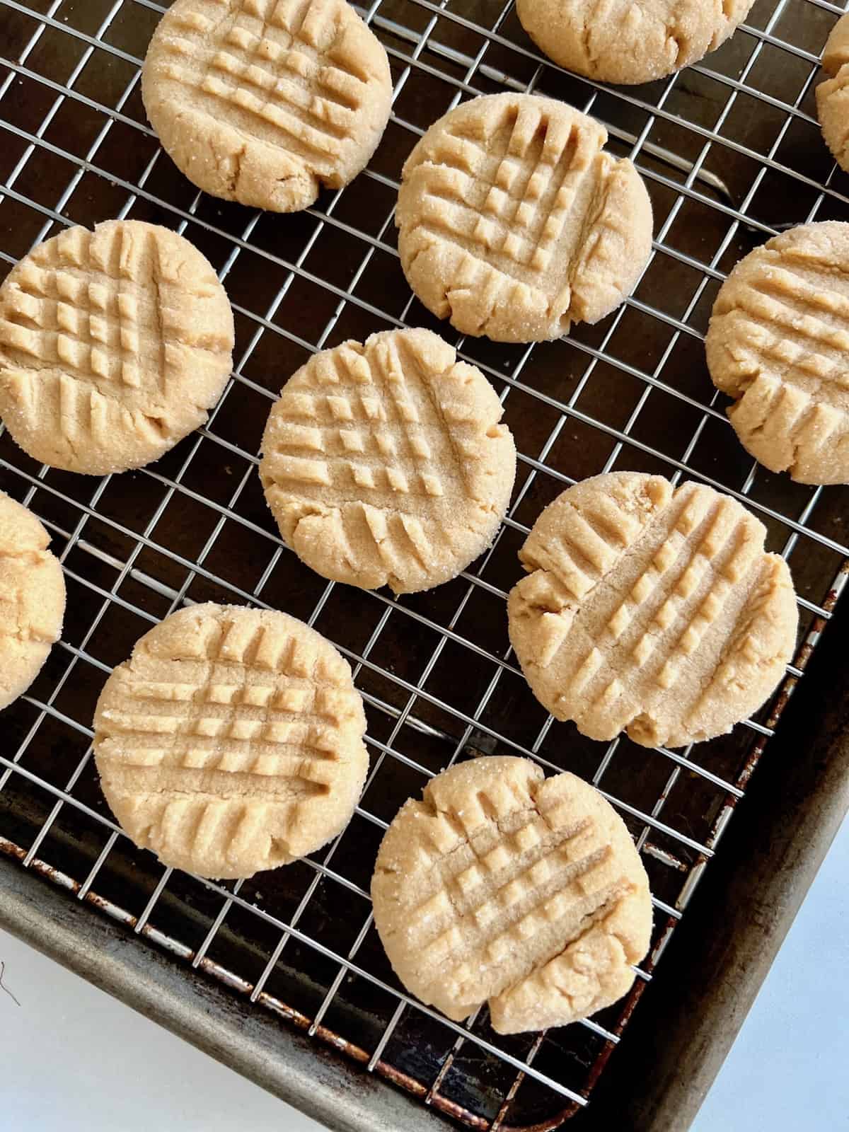 Small-Batch Peanut Butter Cookies Cooling on a rack.