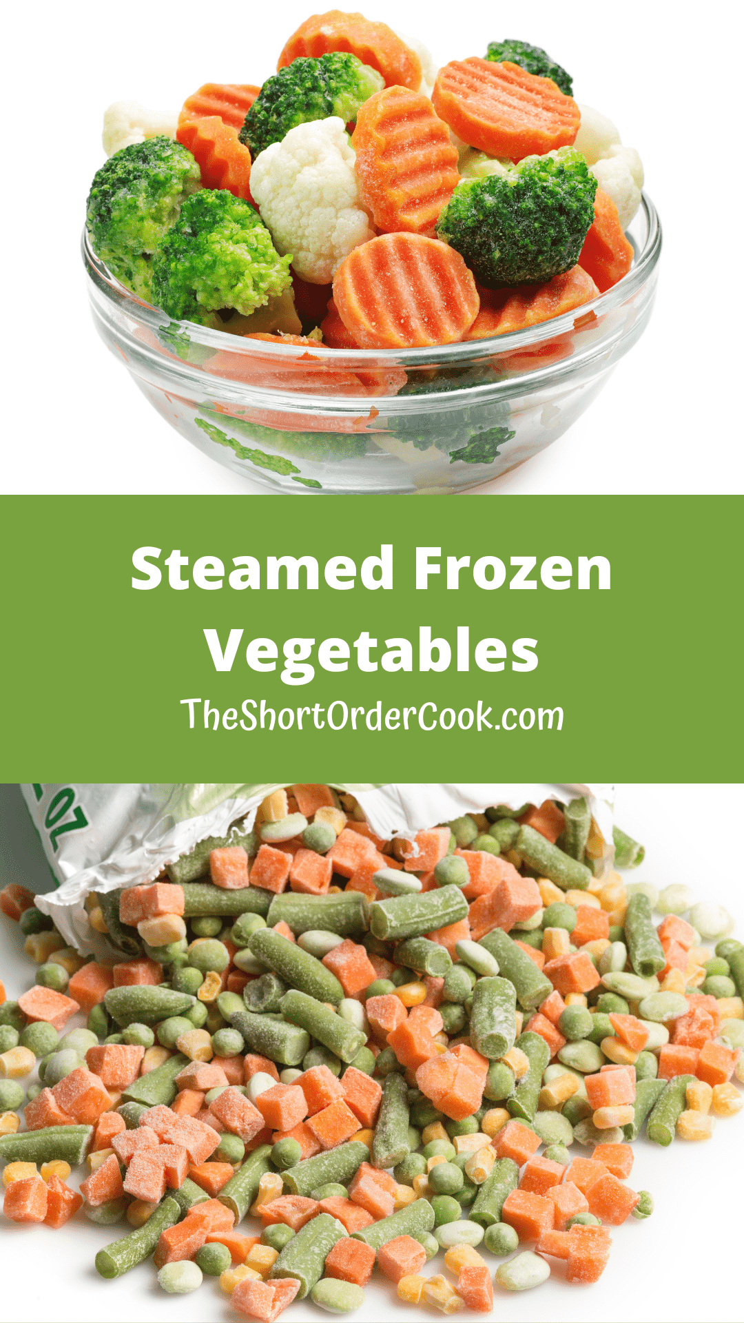A bowl of steamed vegetables ready to eat and some frozen vegetables on a table scattered.