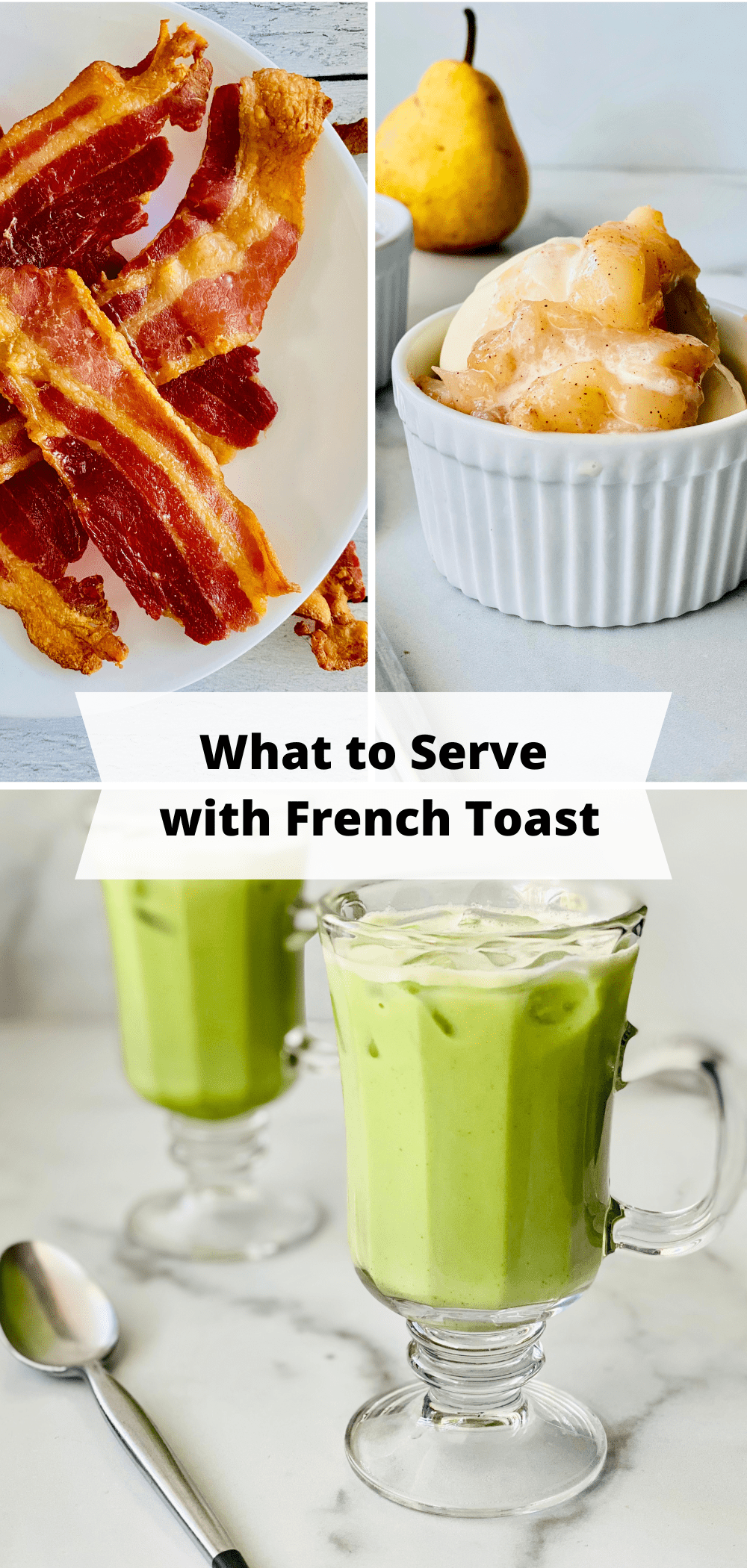 Pictures of green matcha tea, crispy bacon, and stewed pears.