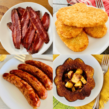 Images of turkey bacon, bratwurst, hashbrowns, and acorn squash.