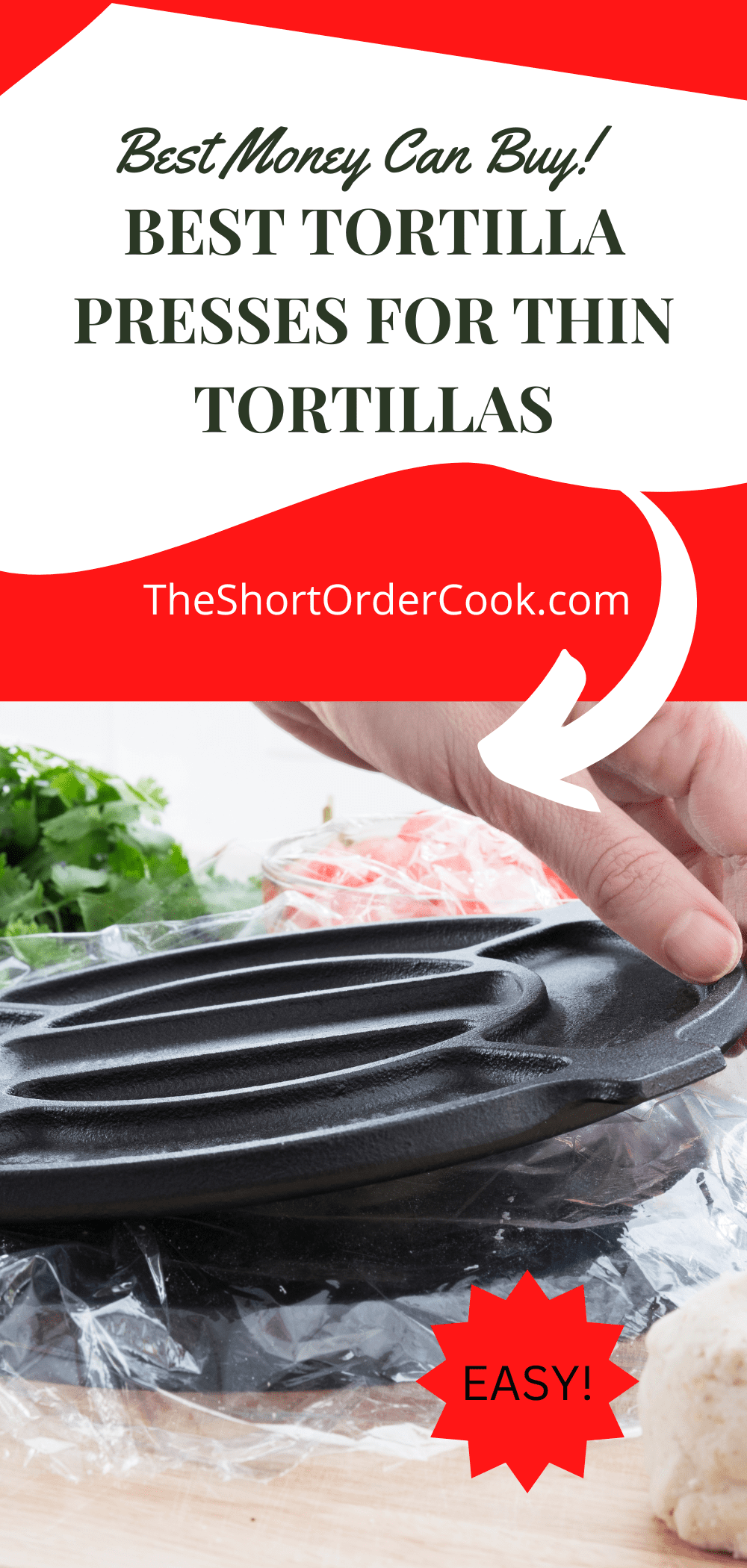 Cast iron tortilla press lined with plastic and ingredients on a table.