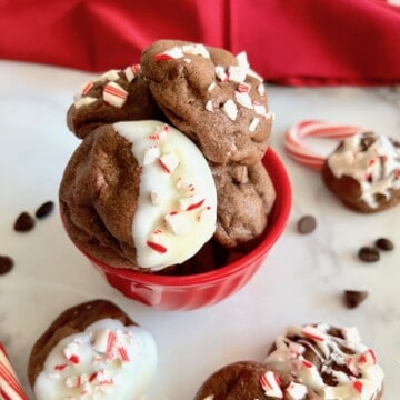 Peppermint Mocha Cookies dipped and topped with candy canes.