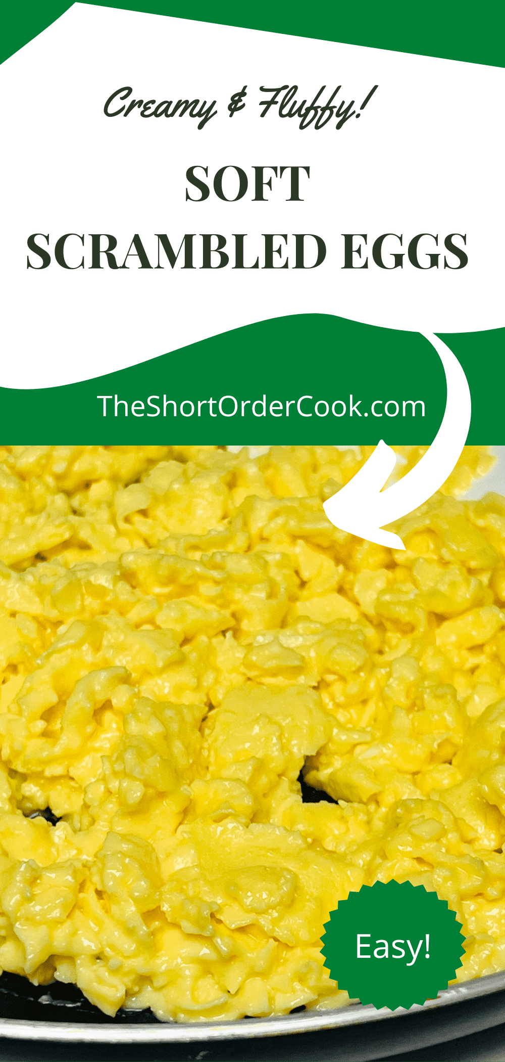 Yellow fluffy soft scrambled eggs in a skillet.
