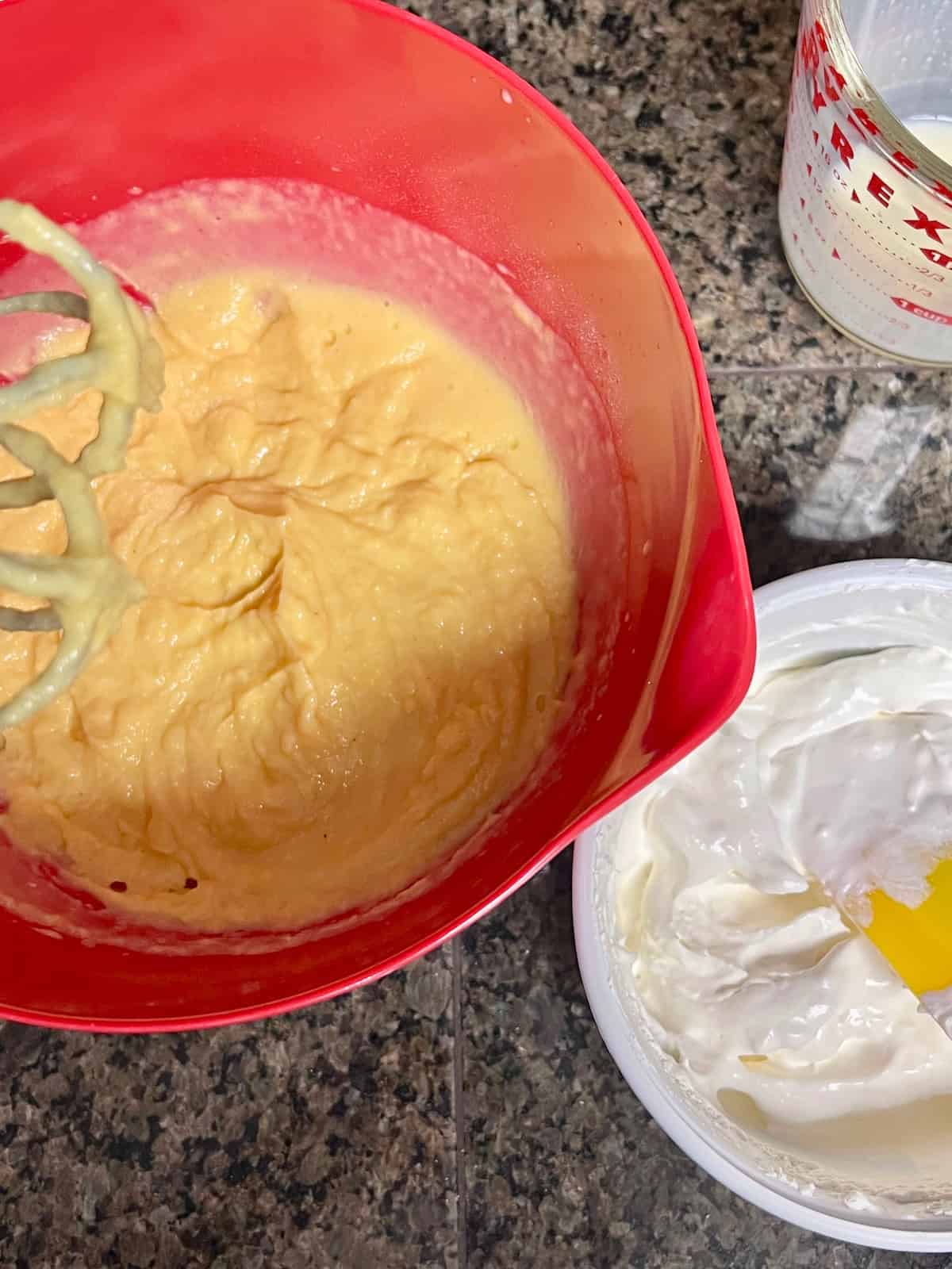 No-Bake Eggnog Pie Bowl with mixed eggnog and vanilla pudding packet.