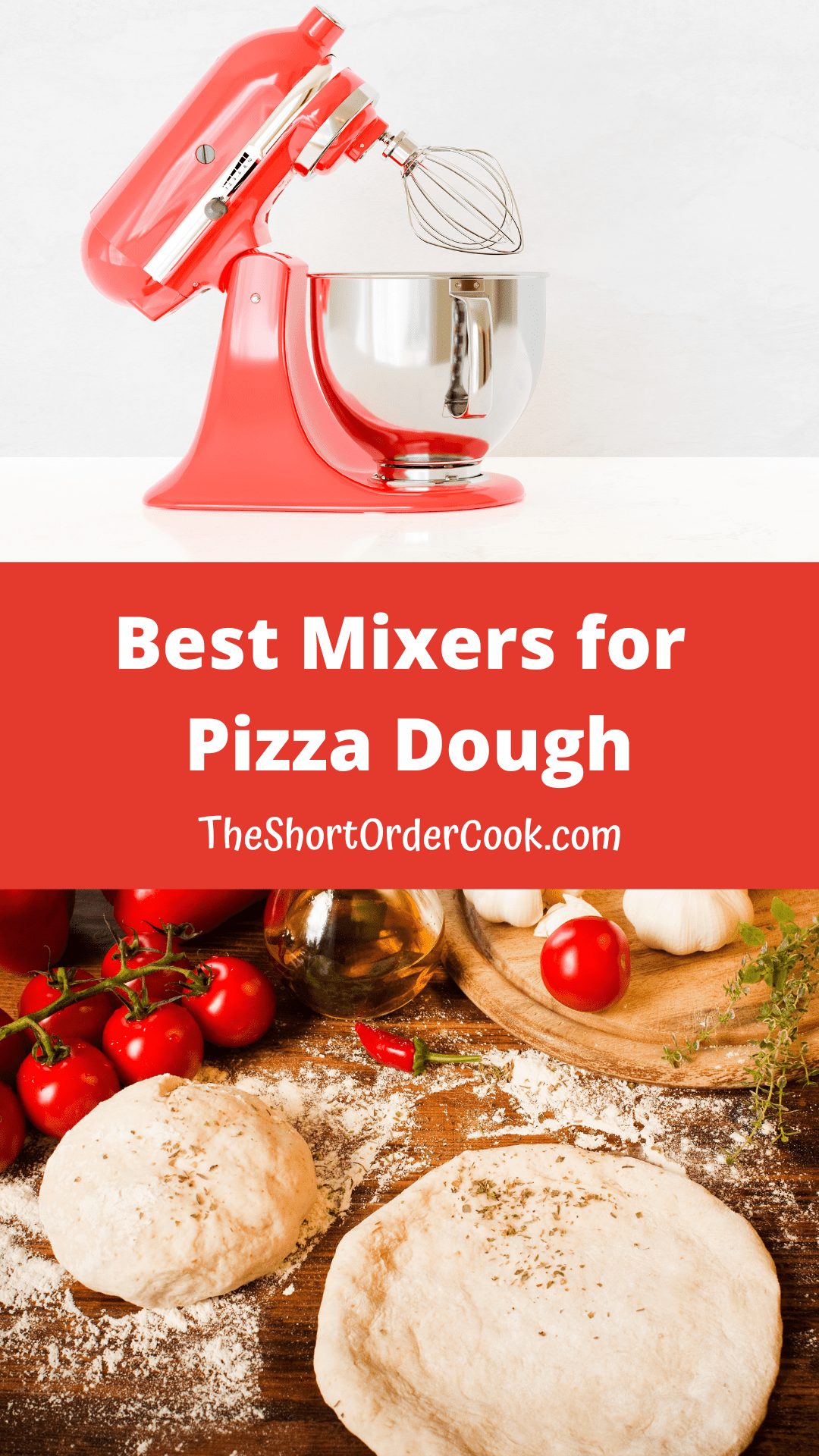 A red stand mixer on the counter and pizza dough rolled out on wooden board.