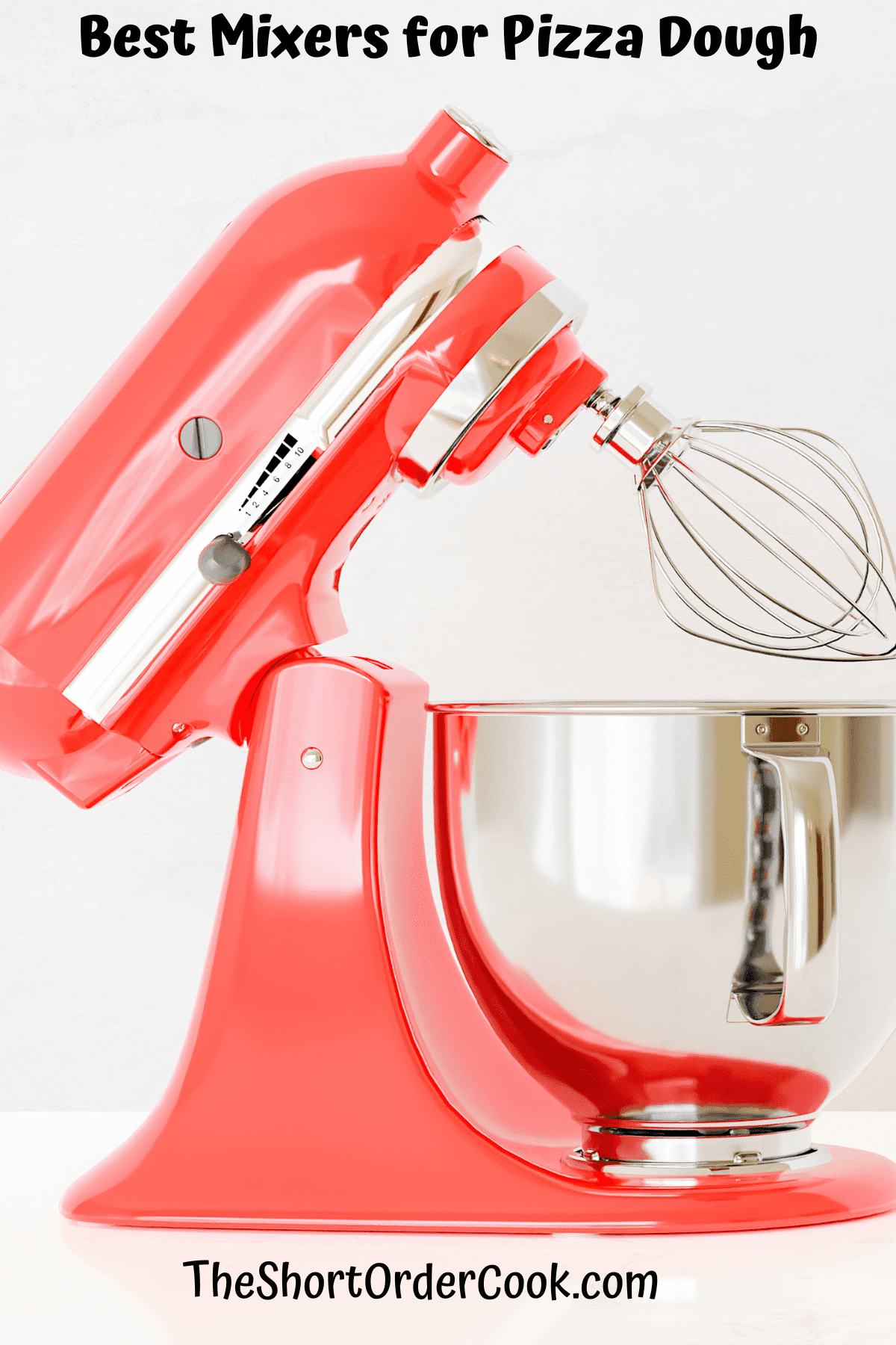 Red stand mixer ready to make pizza dough.