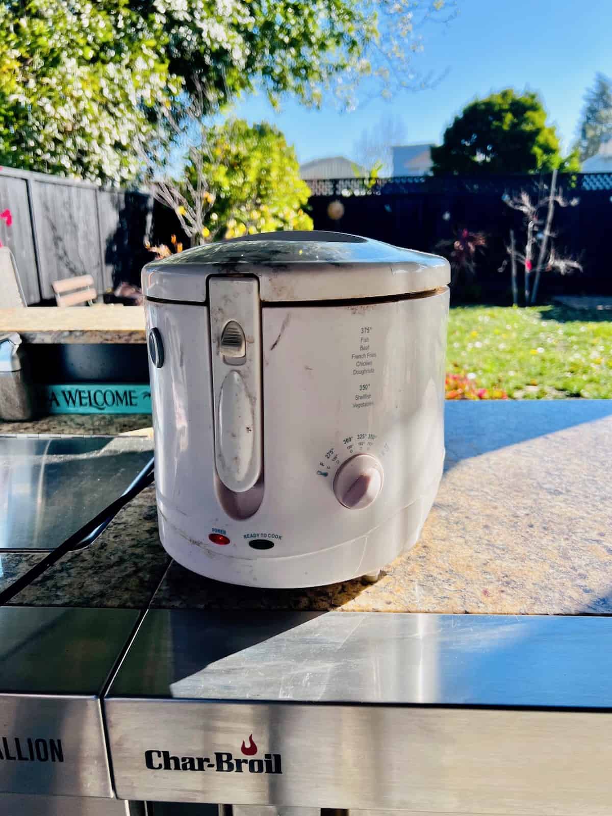 Hot Honey Lemon Pepper Wings Deep Fryer on the counter of an outdoor kitchen.