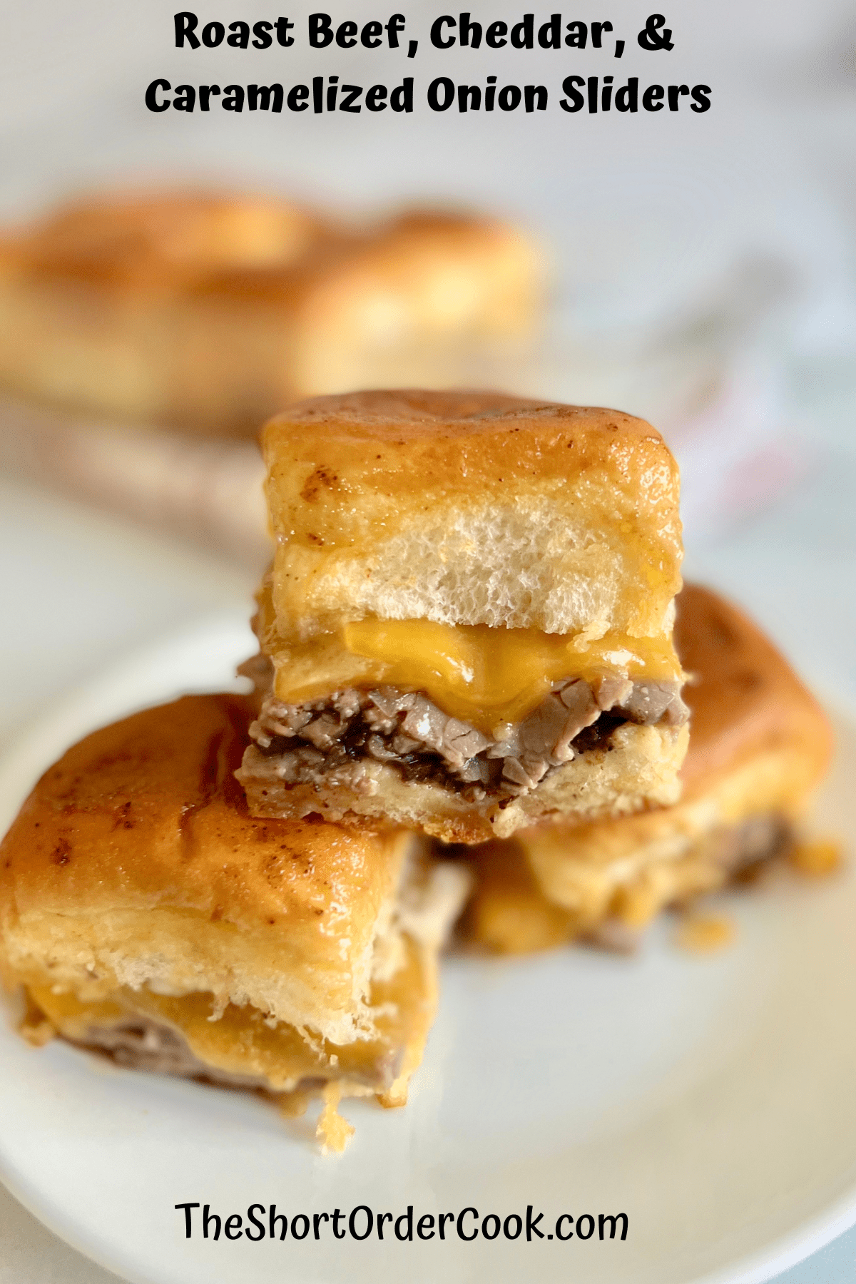 Roast Beef, Cheddar, & Caramelized Onion Sliders 3 on a plate.