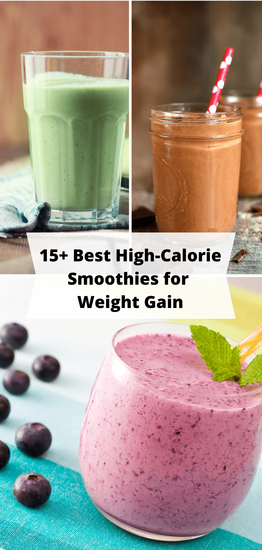 3 different colored smoothies ready to drink for best high-calorie weight gain smoothies.