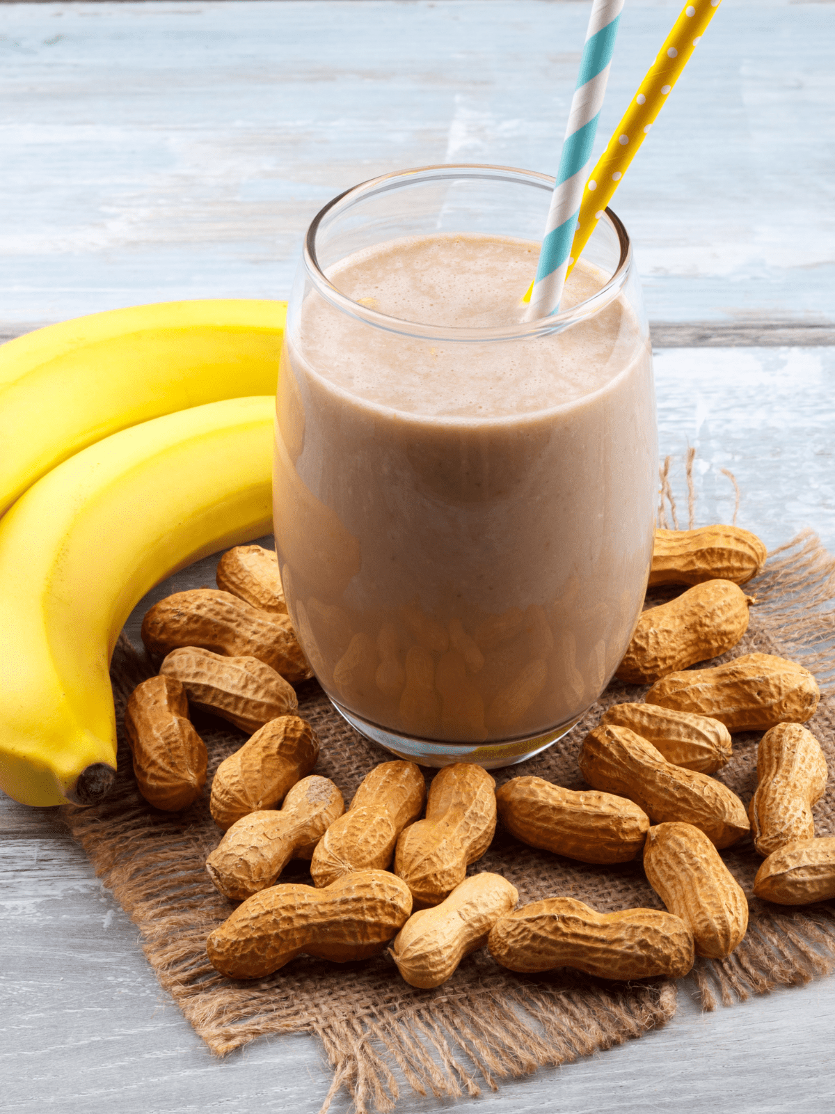 Peanut butter banana flavored high-calorie smoothie. 