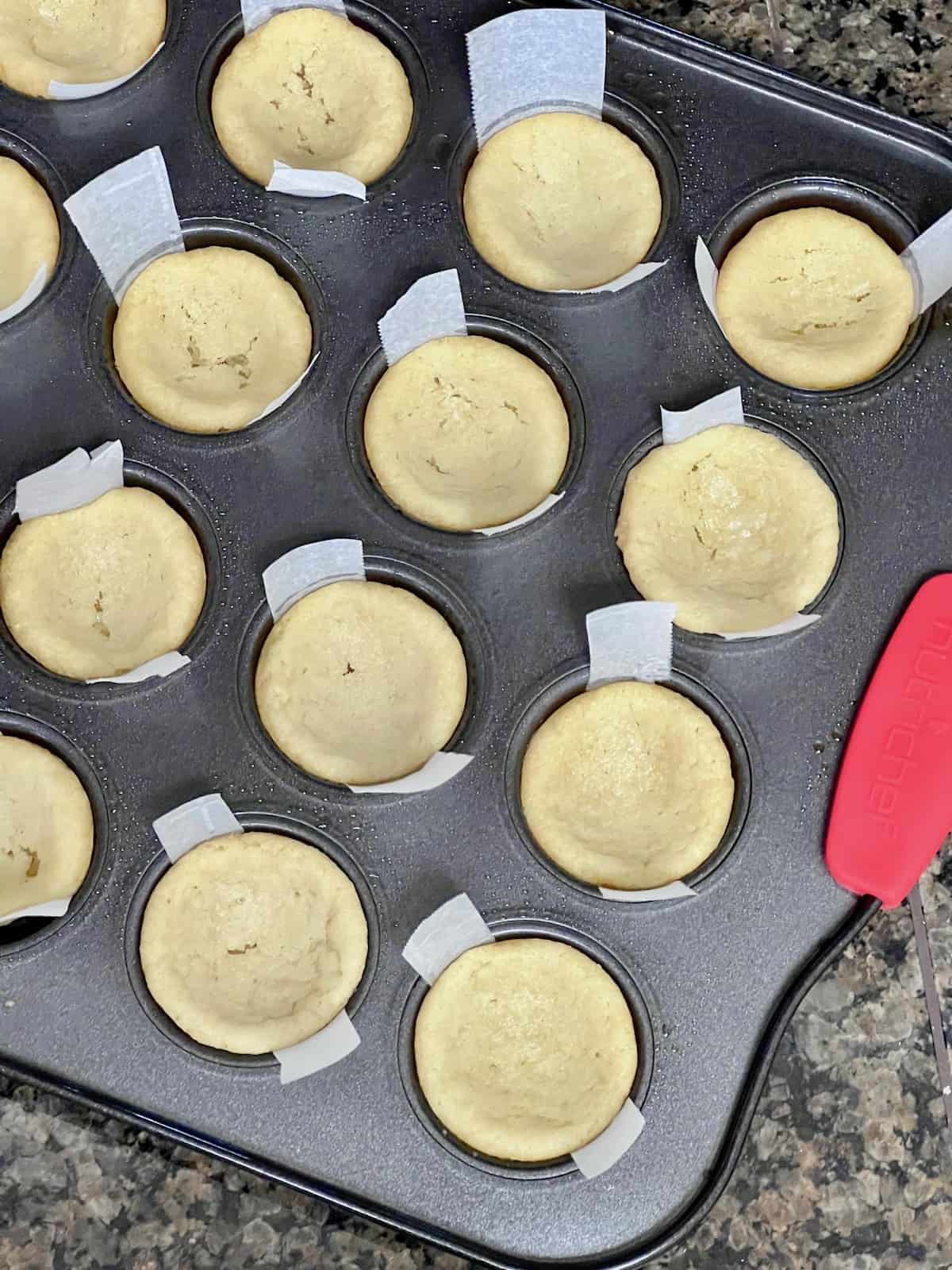 Banana Cream Pie Cookie Cups Baked sugar cookie dough hot from the oven baked in mini muffin pan.