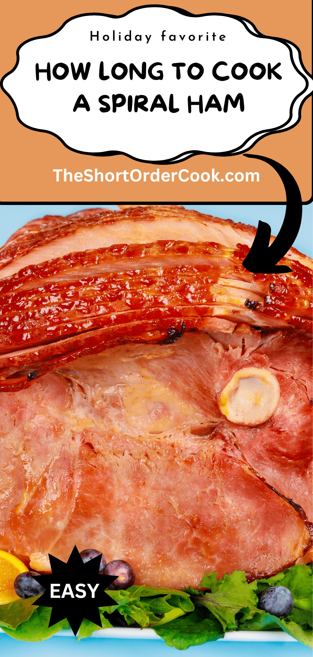 Spiral ham on the bone up close golden and ready to slice.