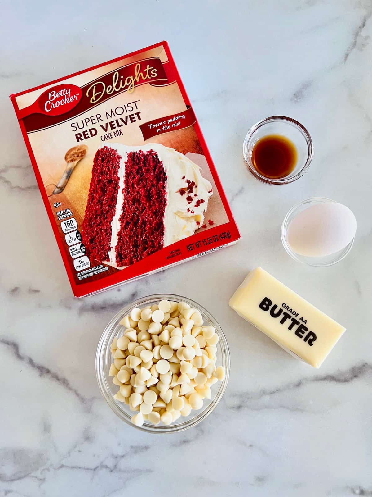 Red Velvet Brownies with Cake Mix 5 ingredients on the counter.