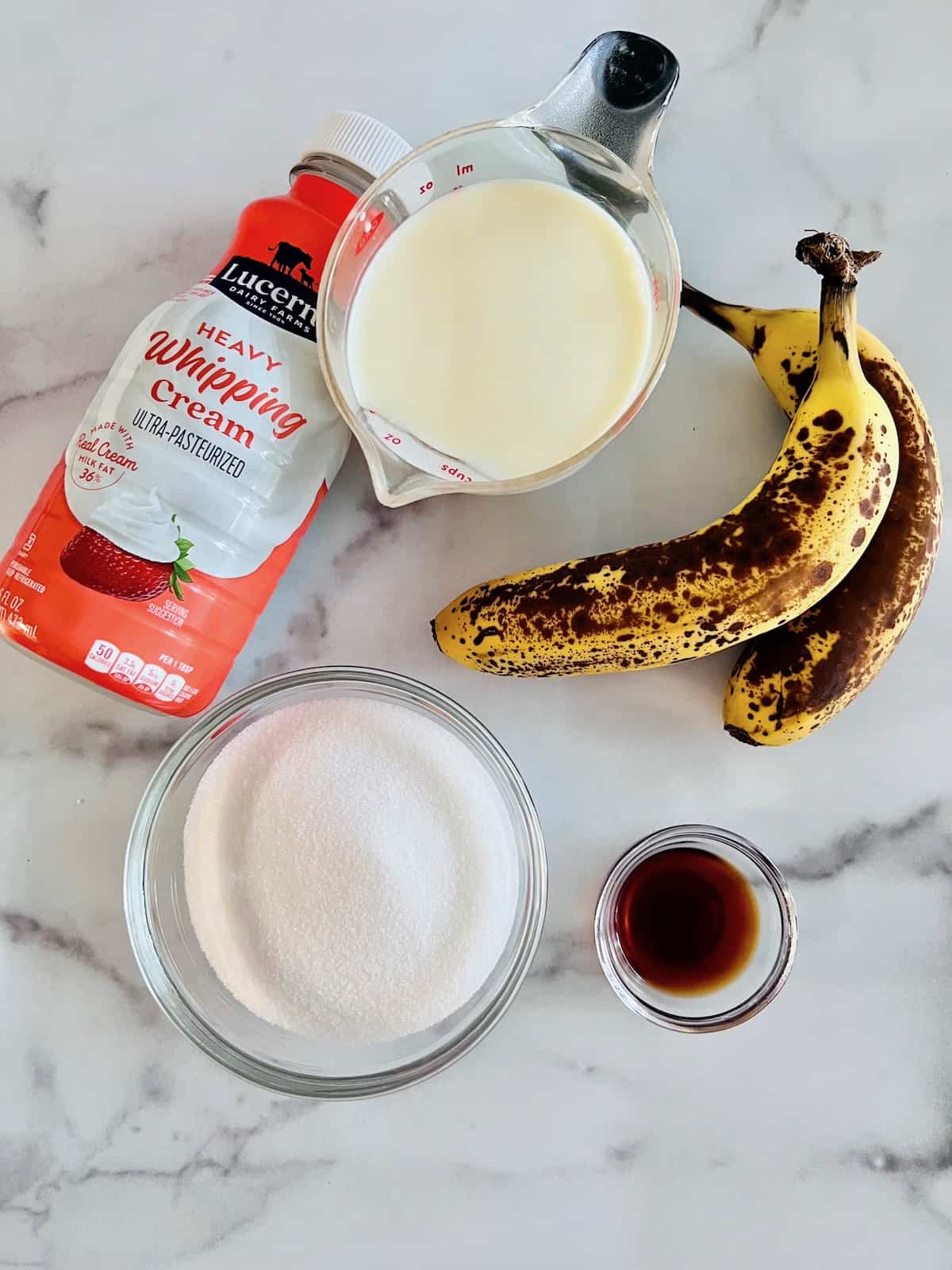 Banana Ice Cream Ingredients on the counter.