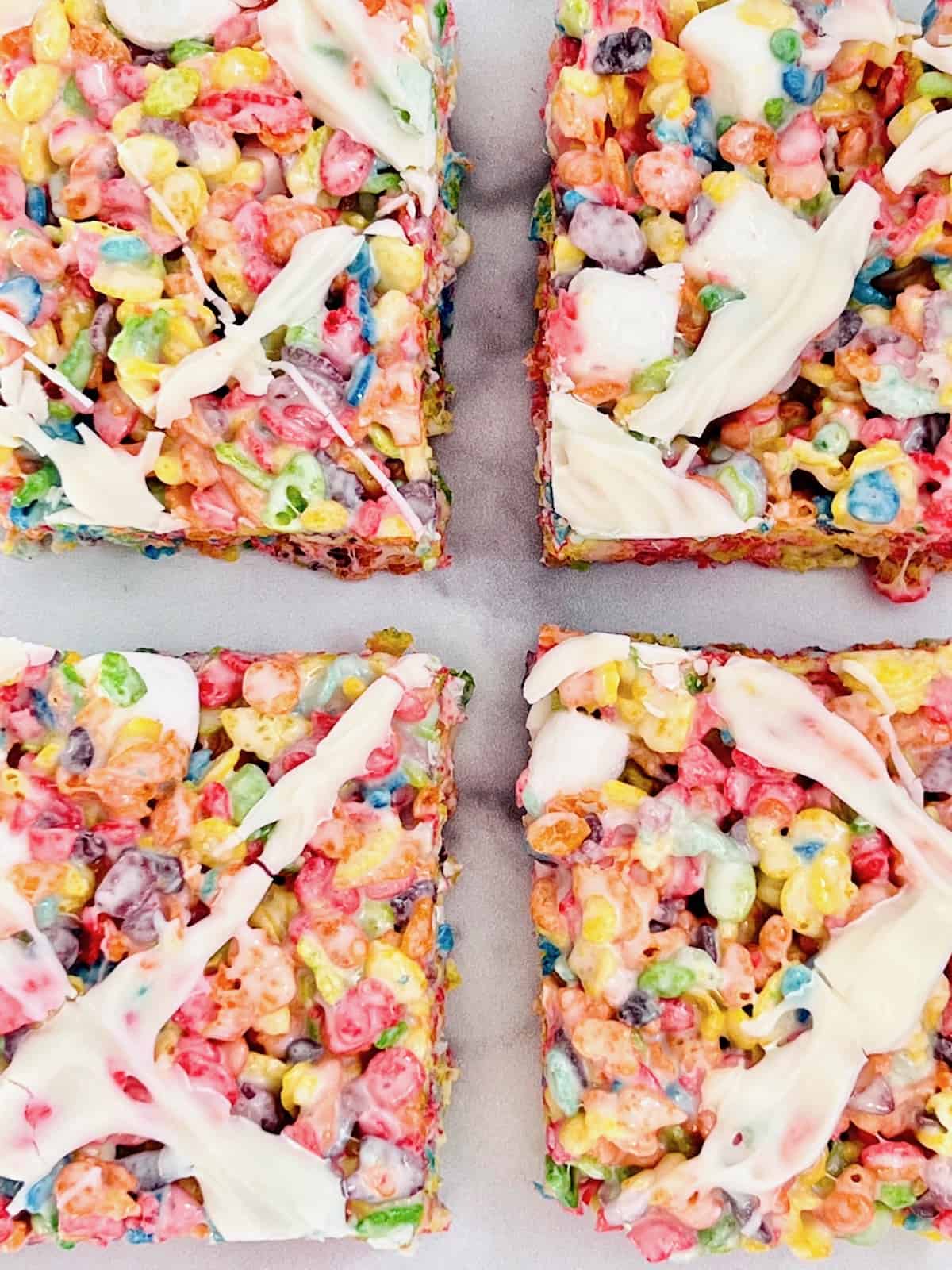 Fruity Pebbles Cereal Bars 4 squares close up.