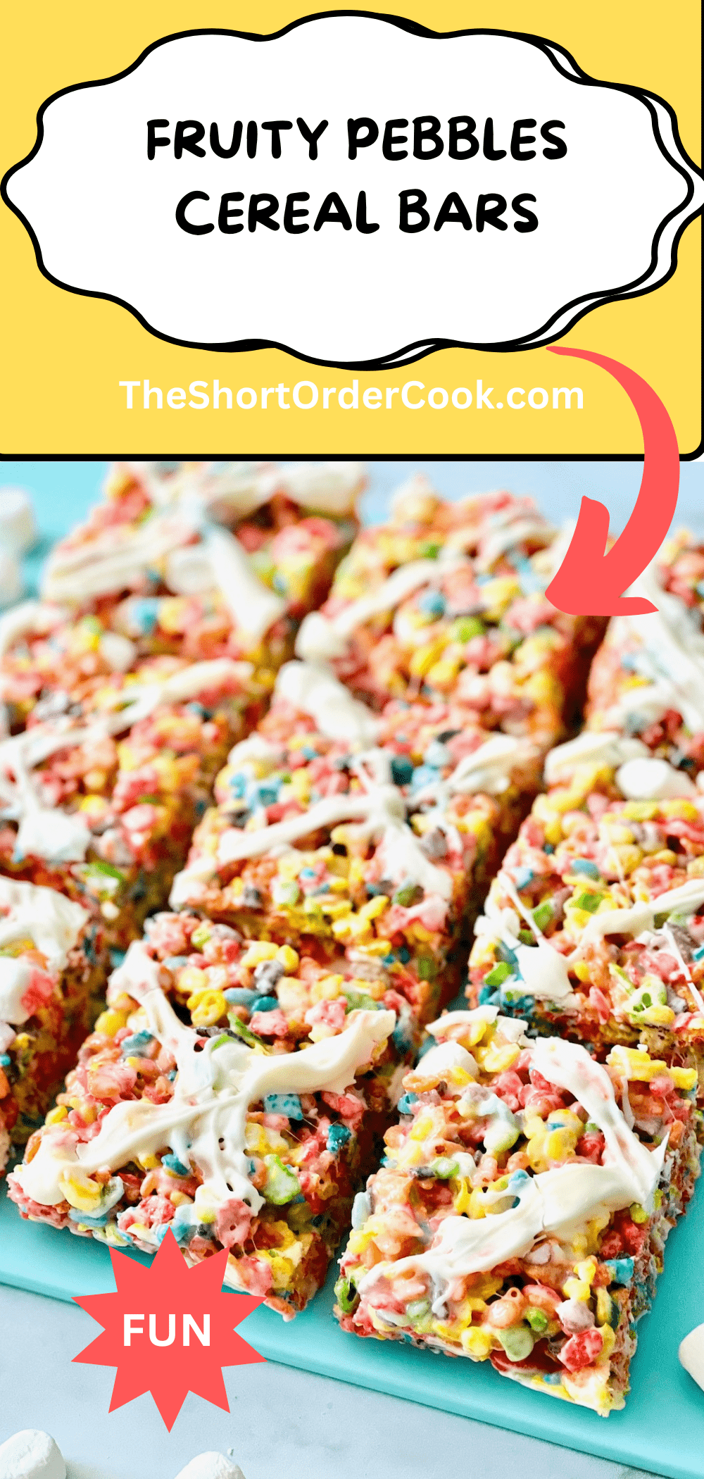 Fruity Pebbles Cereal Bars cut into squares on a cutting board.