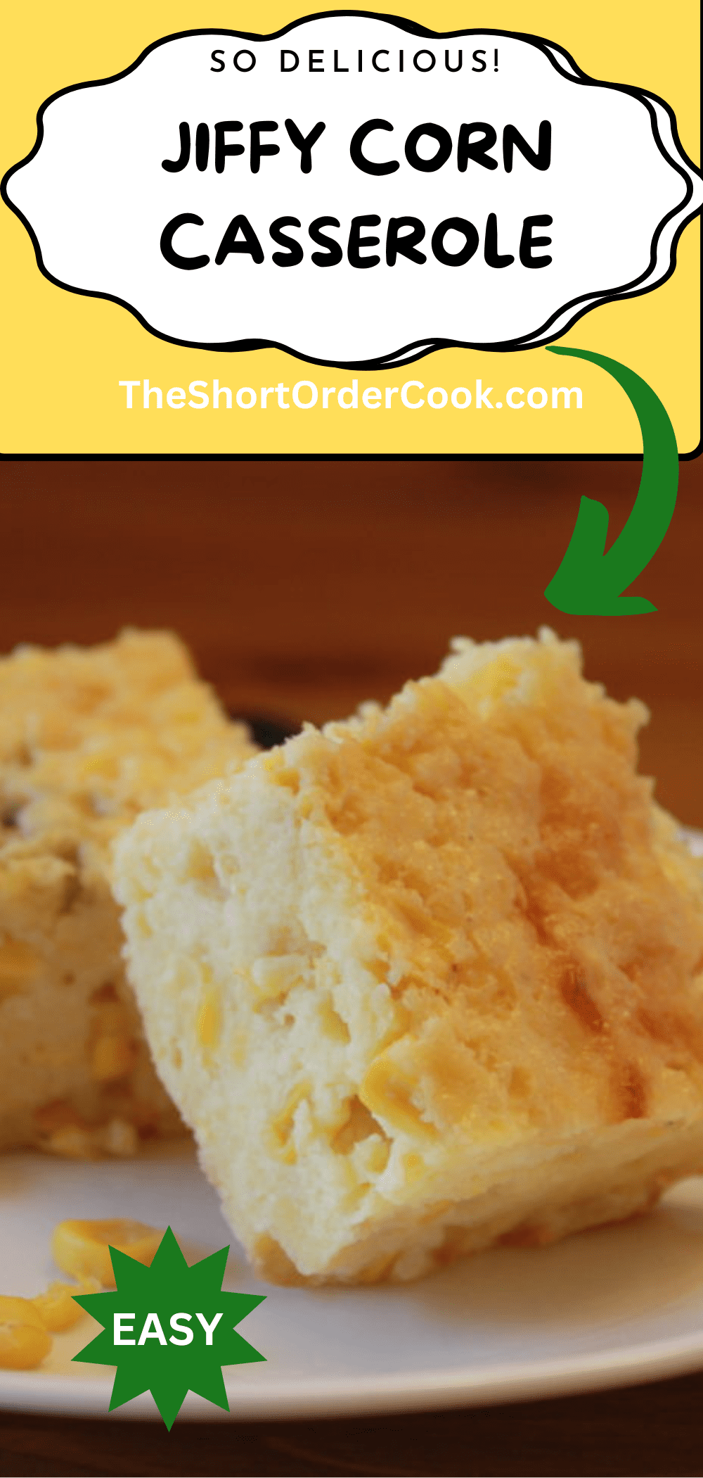 Squares of corn casserole made with JIffy corn muffin mix. 