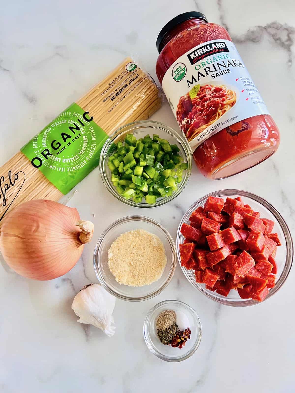 Ingredients for pepperoni  spaghetti.