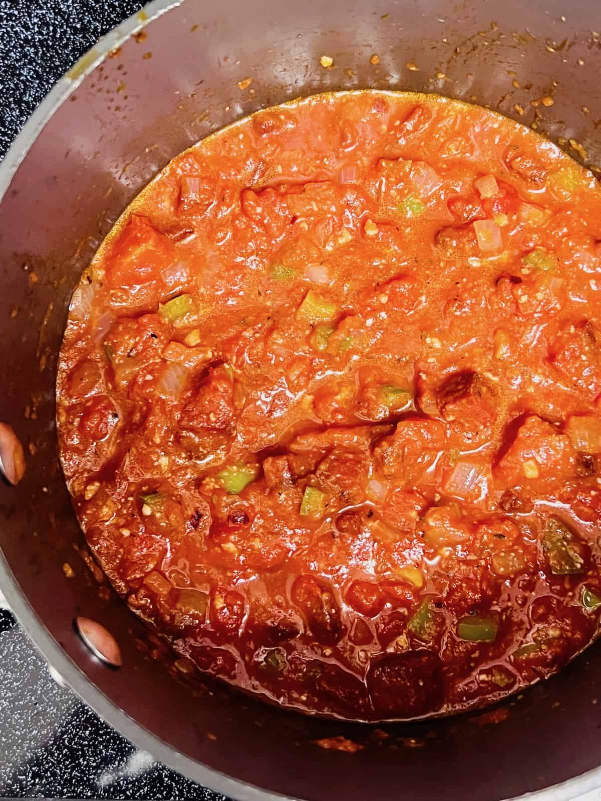 Pepperoni Spaghetti Simmering in the pot.