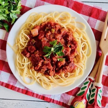 Plate of pepperoni spaghetti.