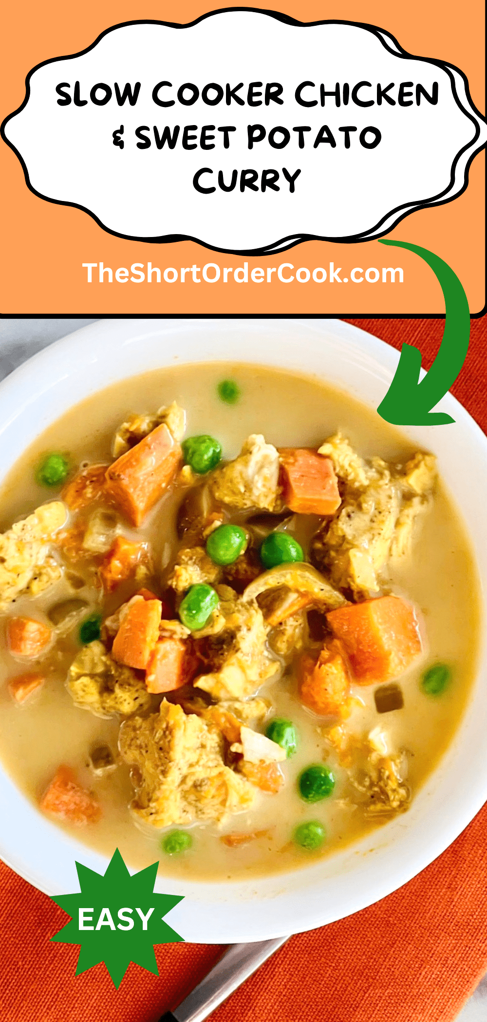 Bowl of rich coconut milk curry with chicken, peas, and sweet potatoes.