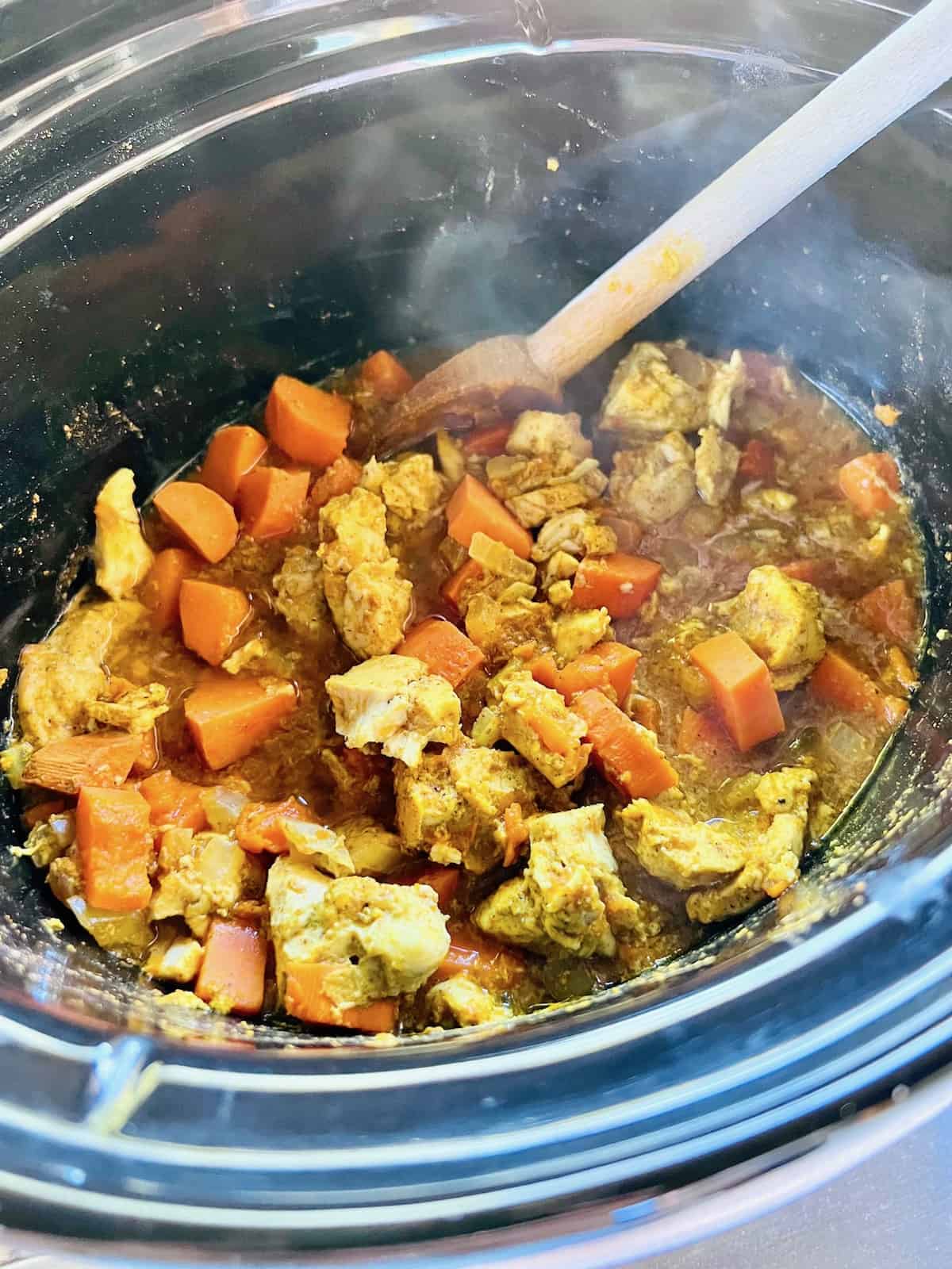 Slow Cooker Chicken & Sweet Potato Curry Chicken and potatoes cooked.