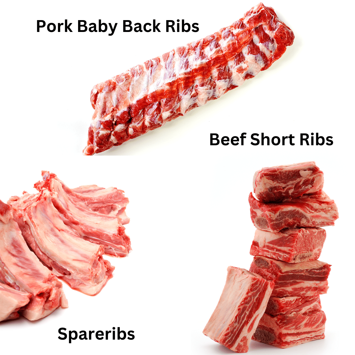 6 Different Types of Ribs - Beef & Pork with 3 pictured and labels.