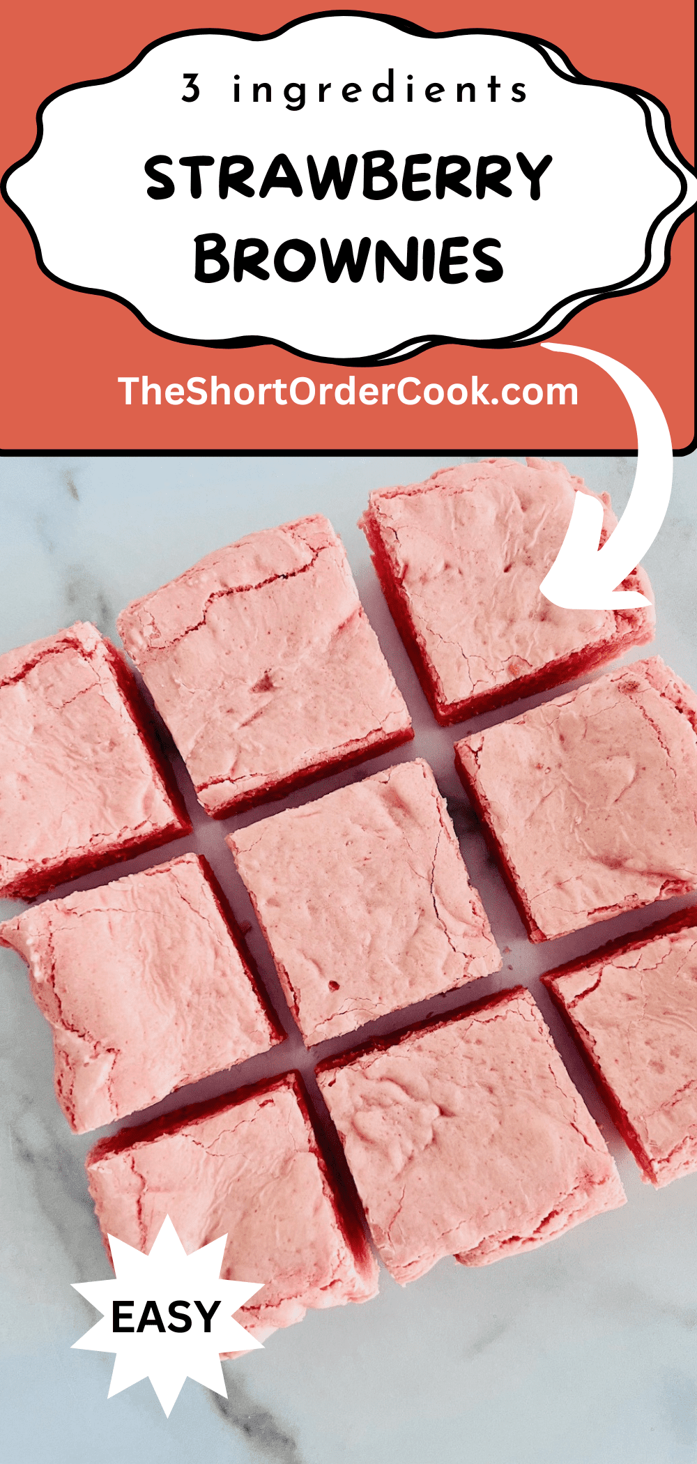 Squares of pink strawberry brownies on a marble counter.