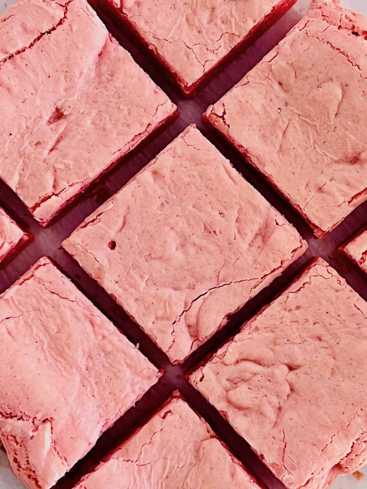 Strawberry Brownies Closeup of squares cut.