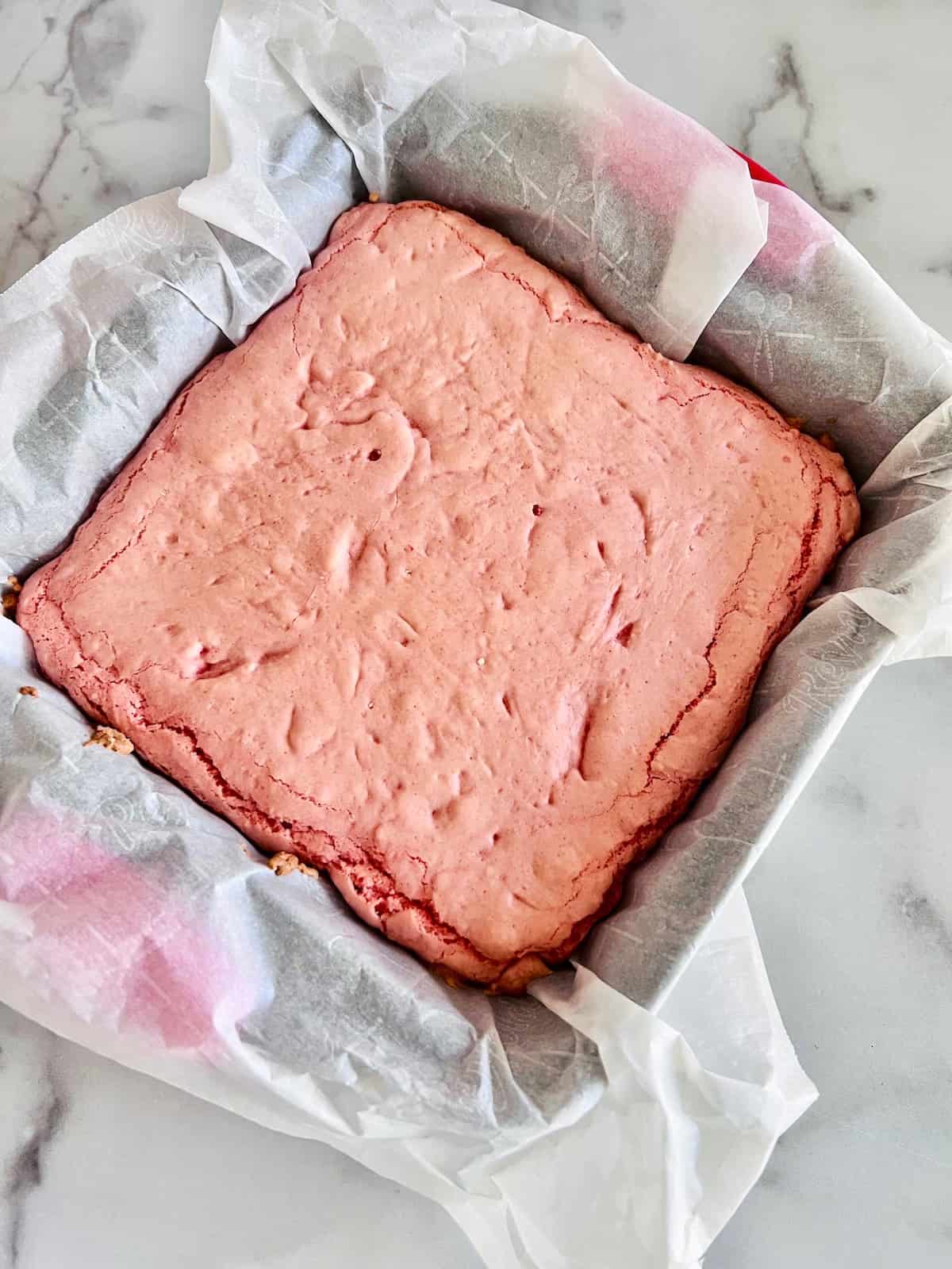 Strawberry Brownies Cooling in the 8x8 baking pan.