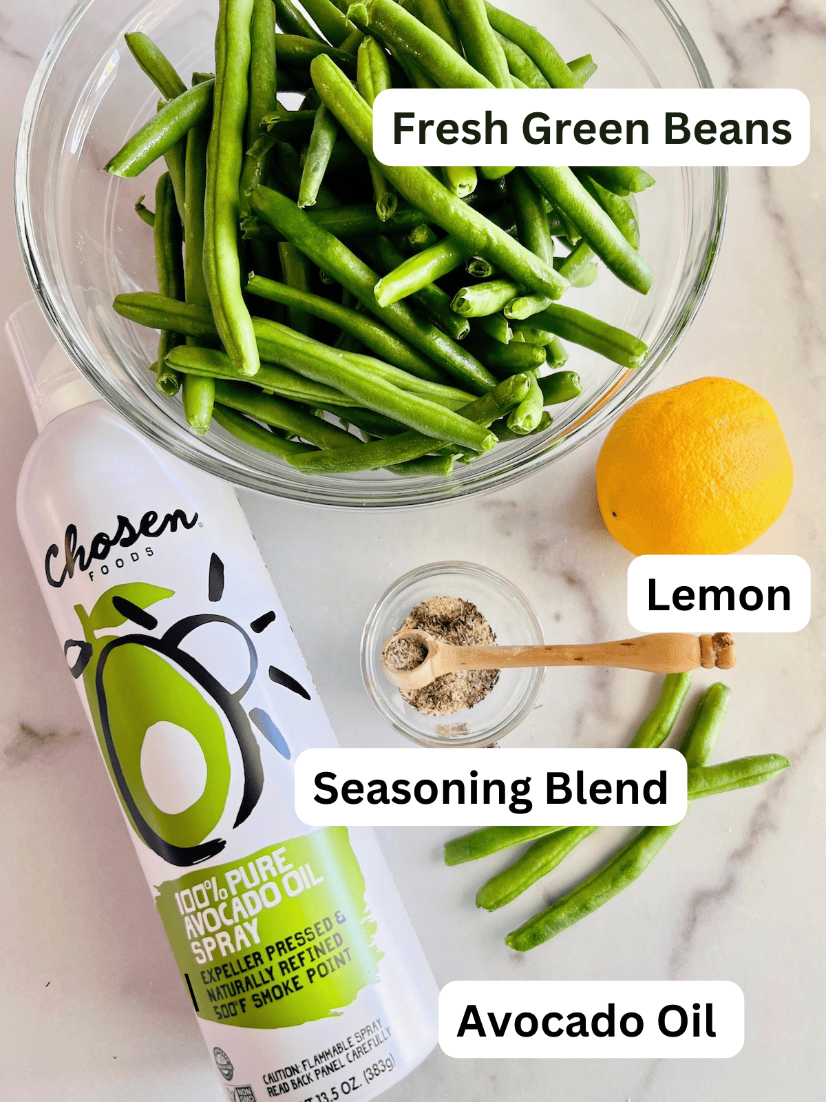 Air Fryer Green Beans Ingredients labeled.
