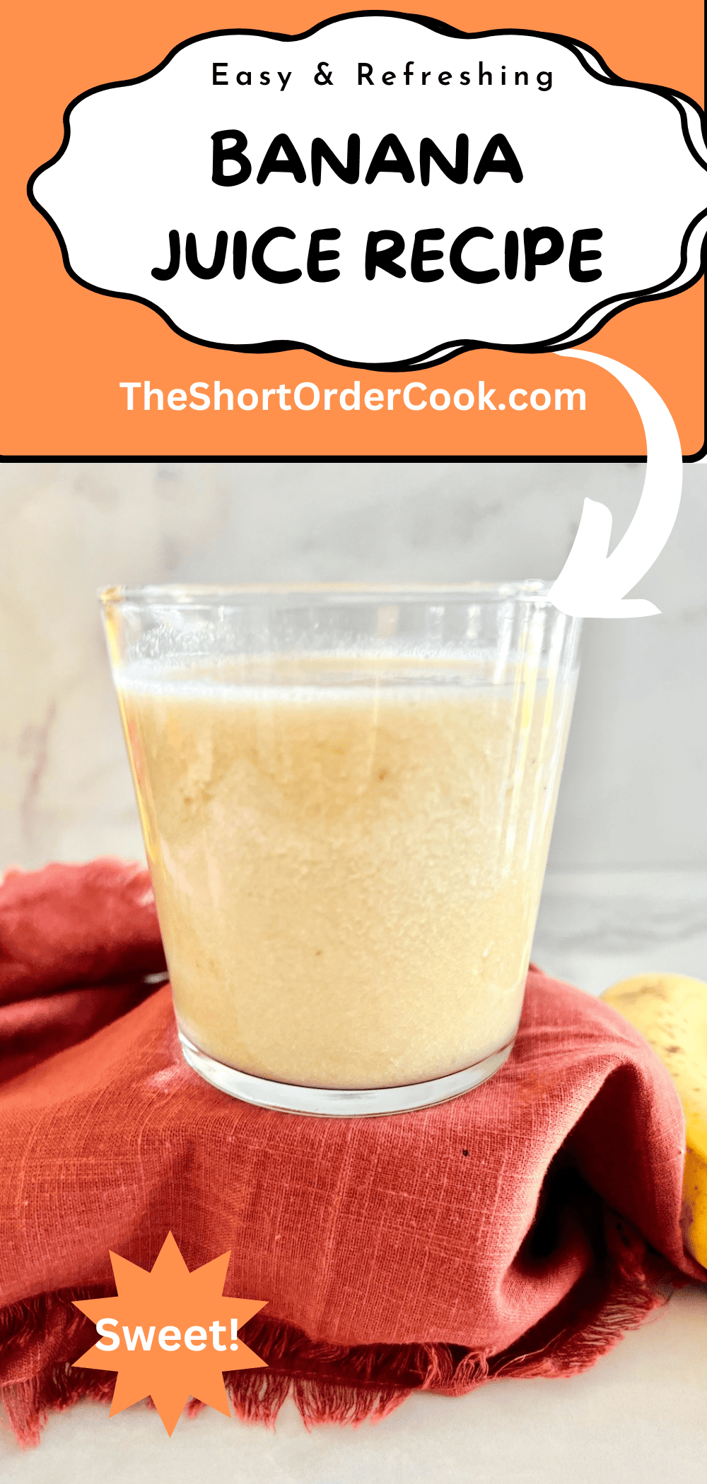 Short glass filled with blended banana and apple juice.