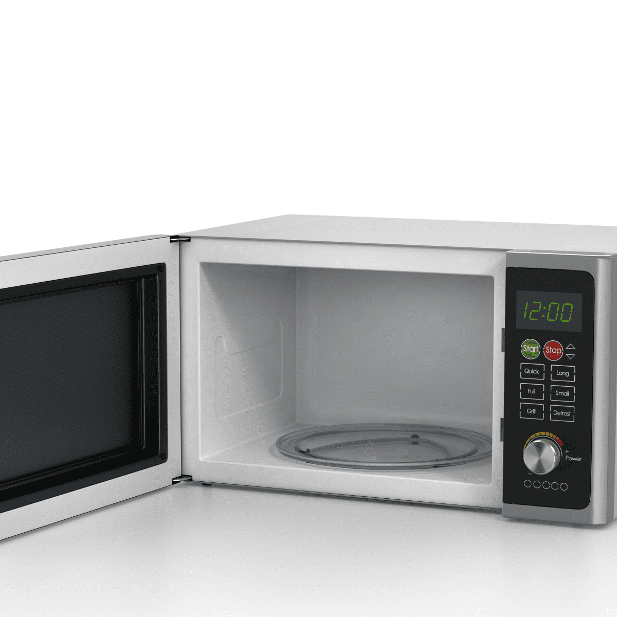 Air fryer microwave oven with the door open ready to cook.