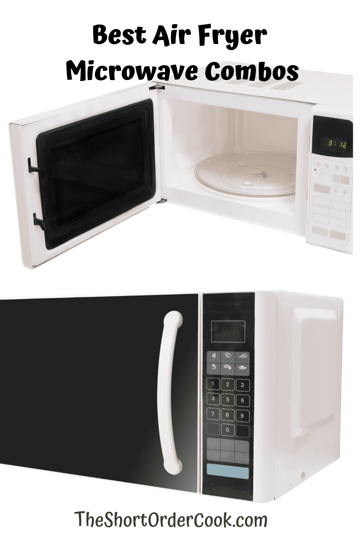 Two air fryer microwave models displayed for buying online.