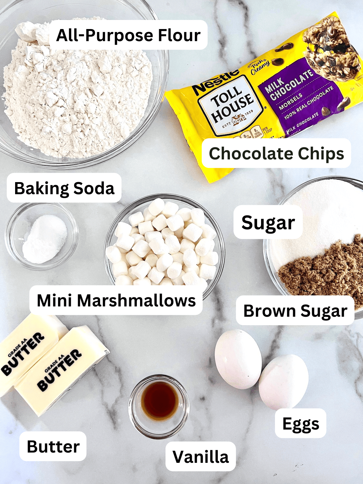 Ingredients labeled to make chocolate chip cookies with marshmalllows.