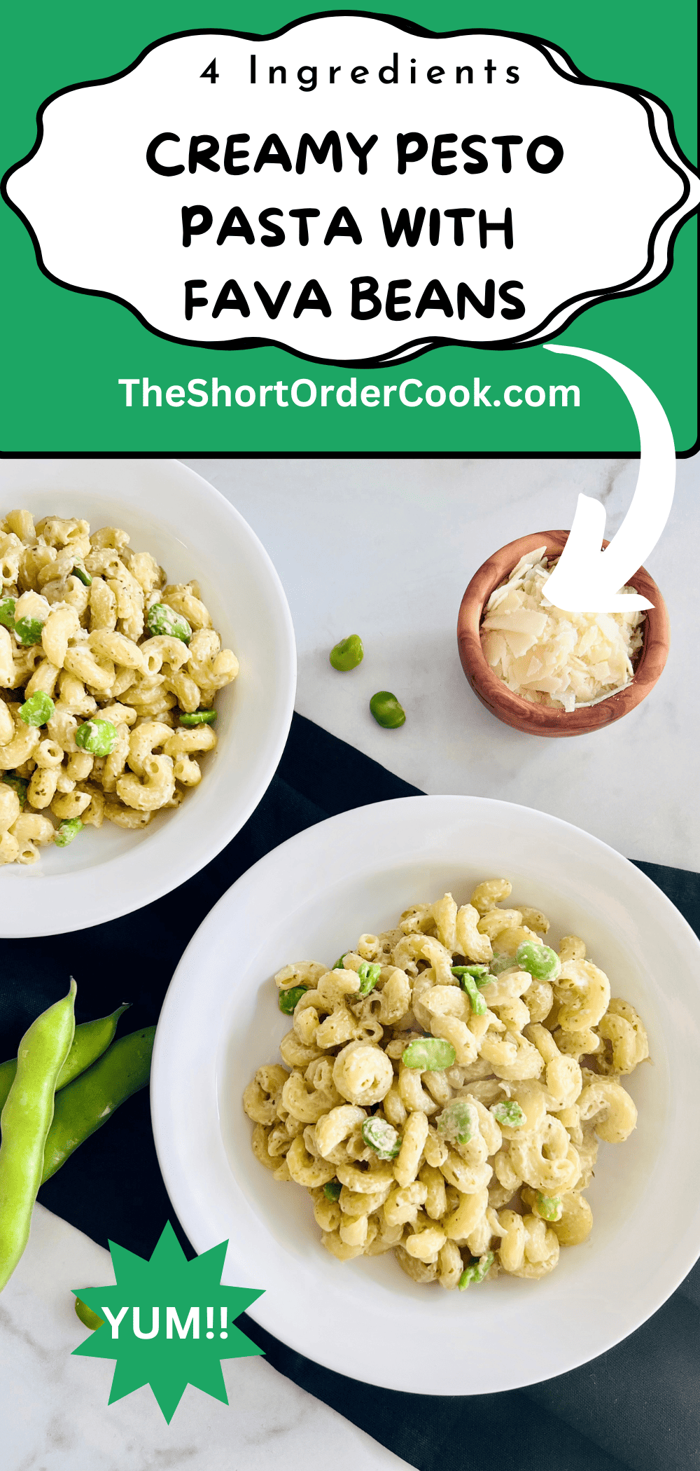Creamy Pesto Pasta with Fava Beans in pasta bowls with shaved parmesan.