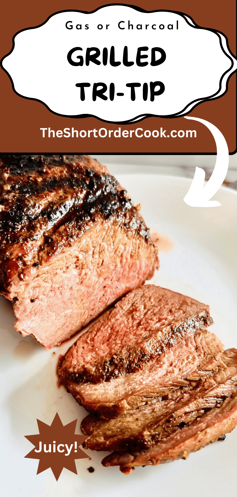 Juicy medium steak sliced of grilled tri-tip roast on a plate.