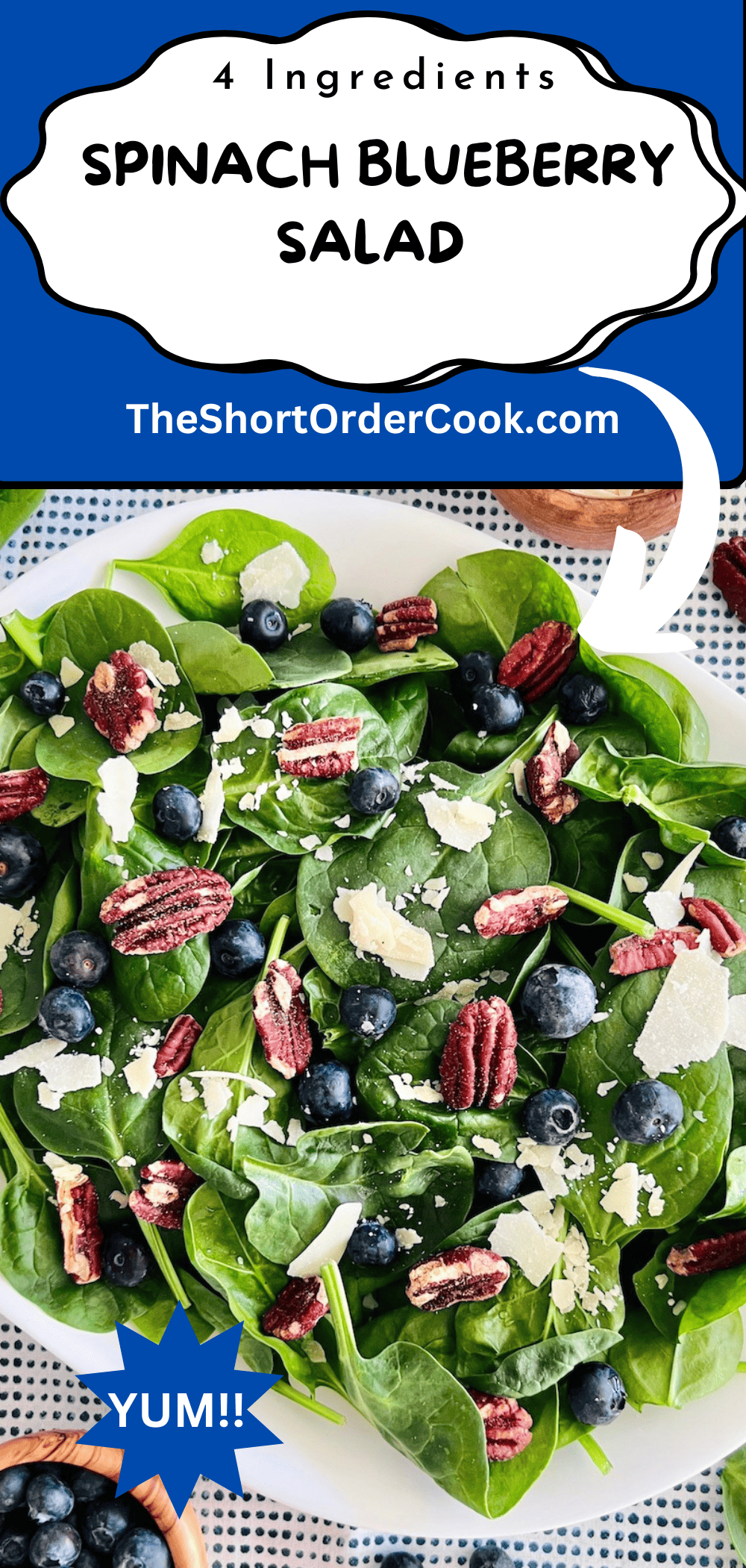 Fresh spinach topped with berries, nuts, & cheese for a simple salad.