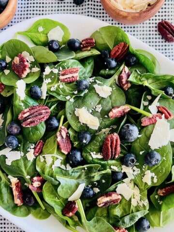 Platter of spinach salad with blueberries, nuts, & cheese.