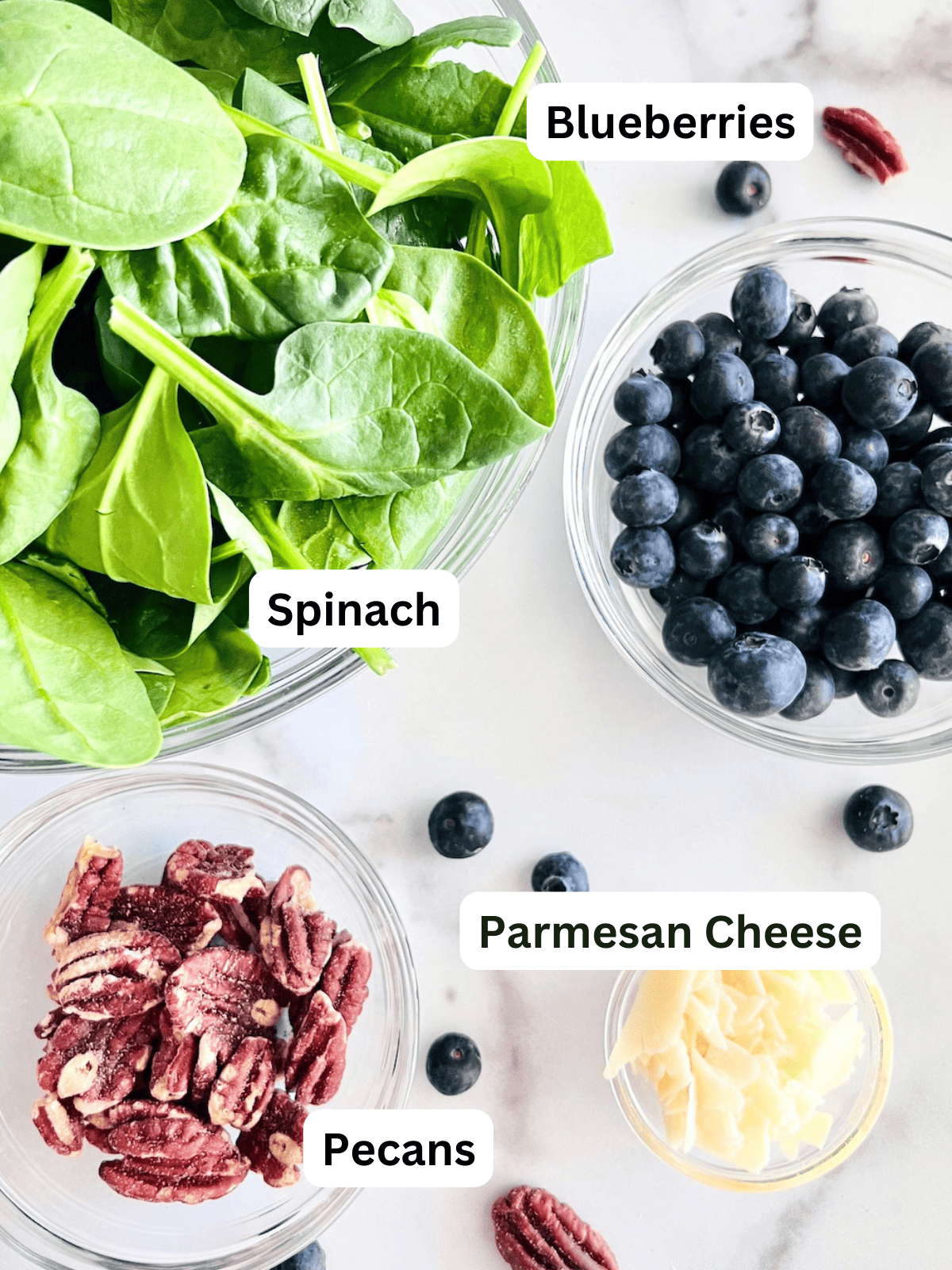 Labeled ingredients for spinach salad with blueberries, nuts, & cheese.