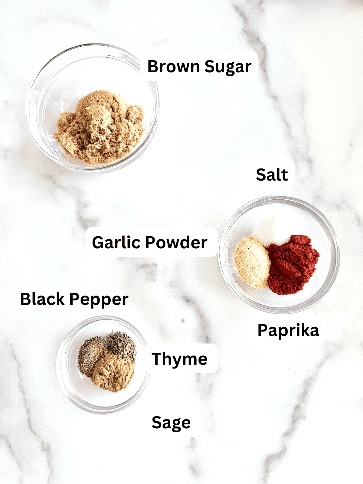 Dry Rub Ingredients Labeled to be used on home cooked pork chops.