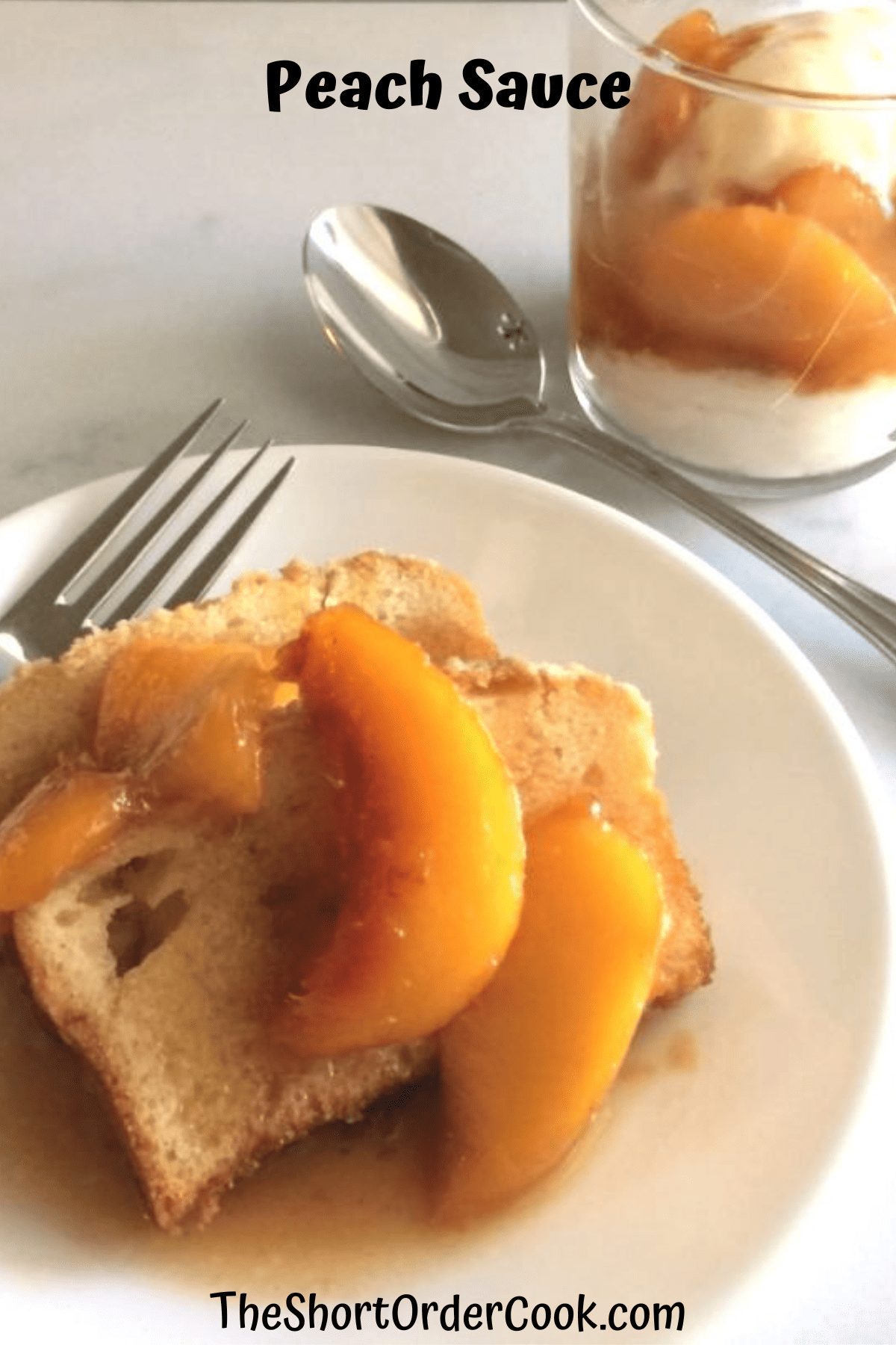 Fresh homemade peach sauce spooned over a slice of cake on a plate and over ice cream in a glass cup. 