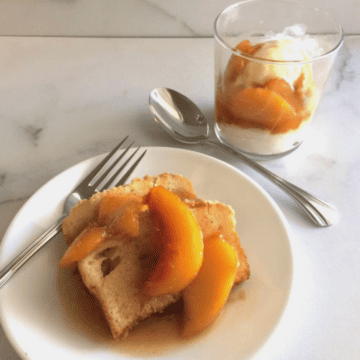 Chunk homemade peach sauce with slices of fresh fruit cooked in a brown sugar honey and vanilla sauce.
