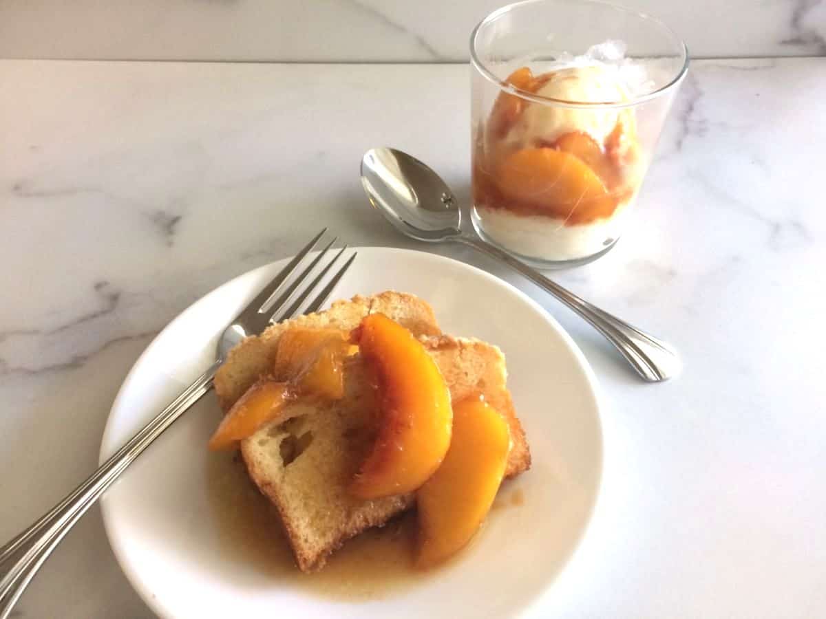 Peach Sauce served over a slice of pound cake and on top of vanilla ice cream.