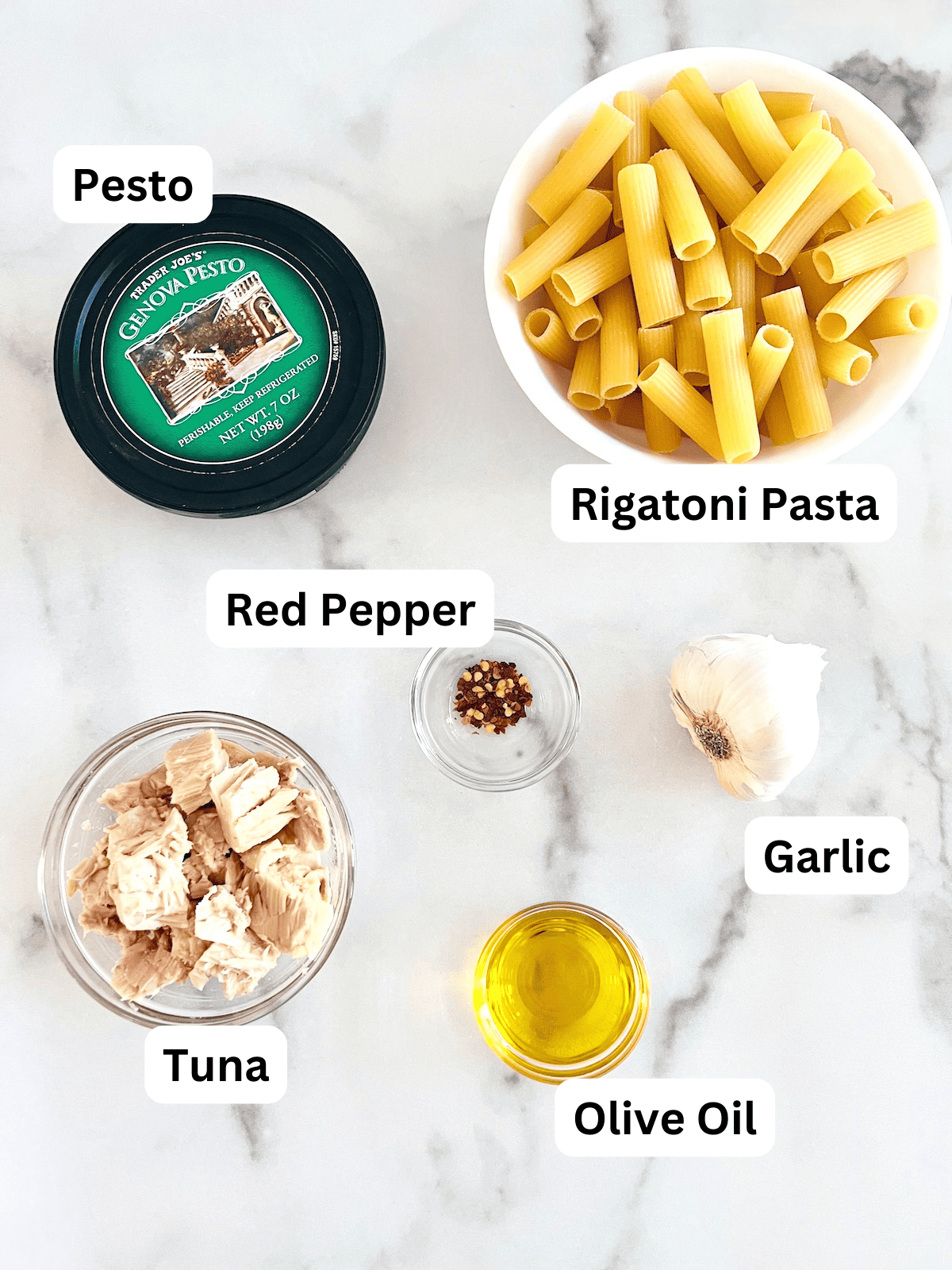 Pesto Tuna Pasta Ingredients Labeled.