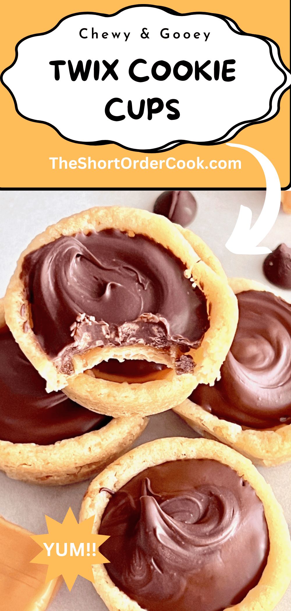 Sugar cookie cups filled with caramel and chocolate.