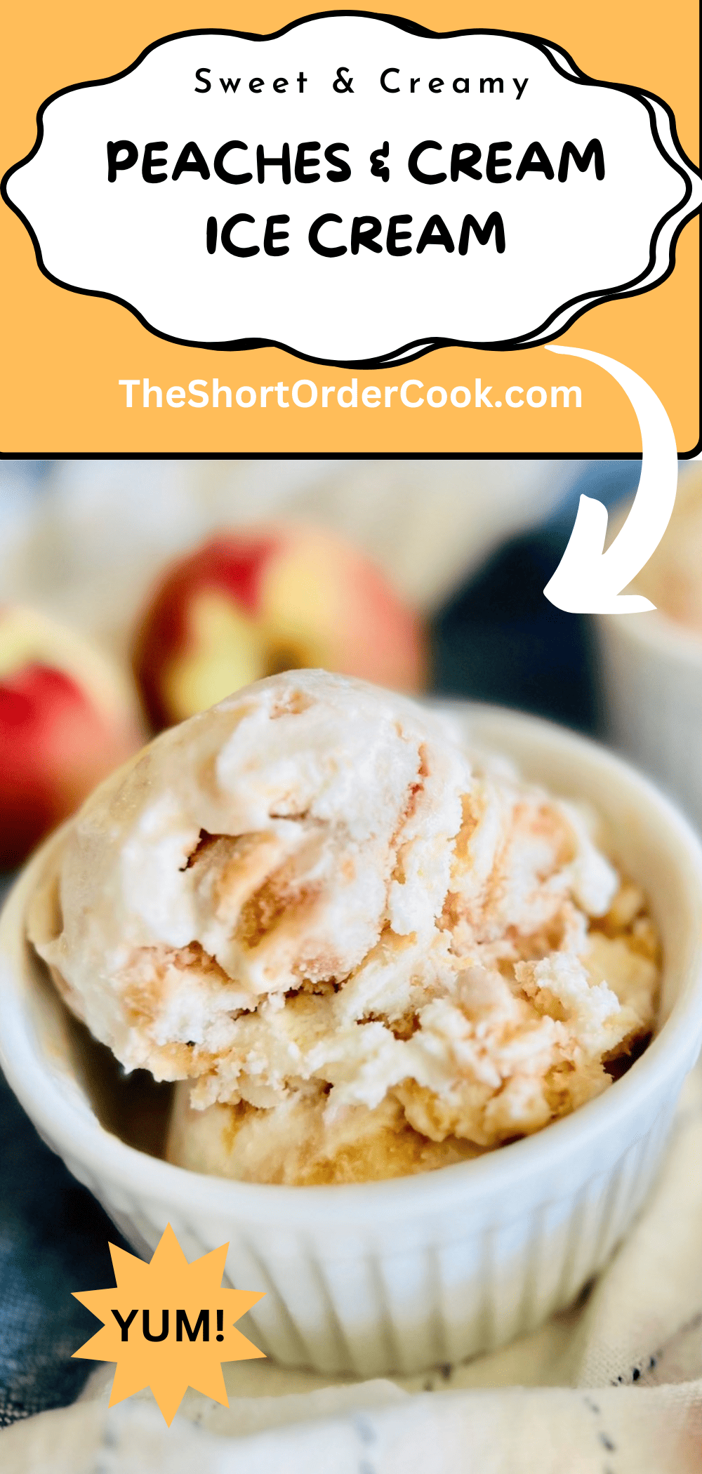 Two scoops of peach & cream ice cream churned in an ice cream maker. 