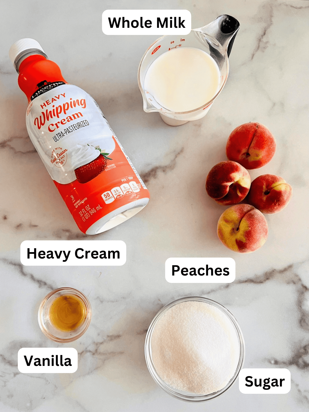 Ingredients needed to make peaches & cream ice cream from scratch.