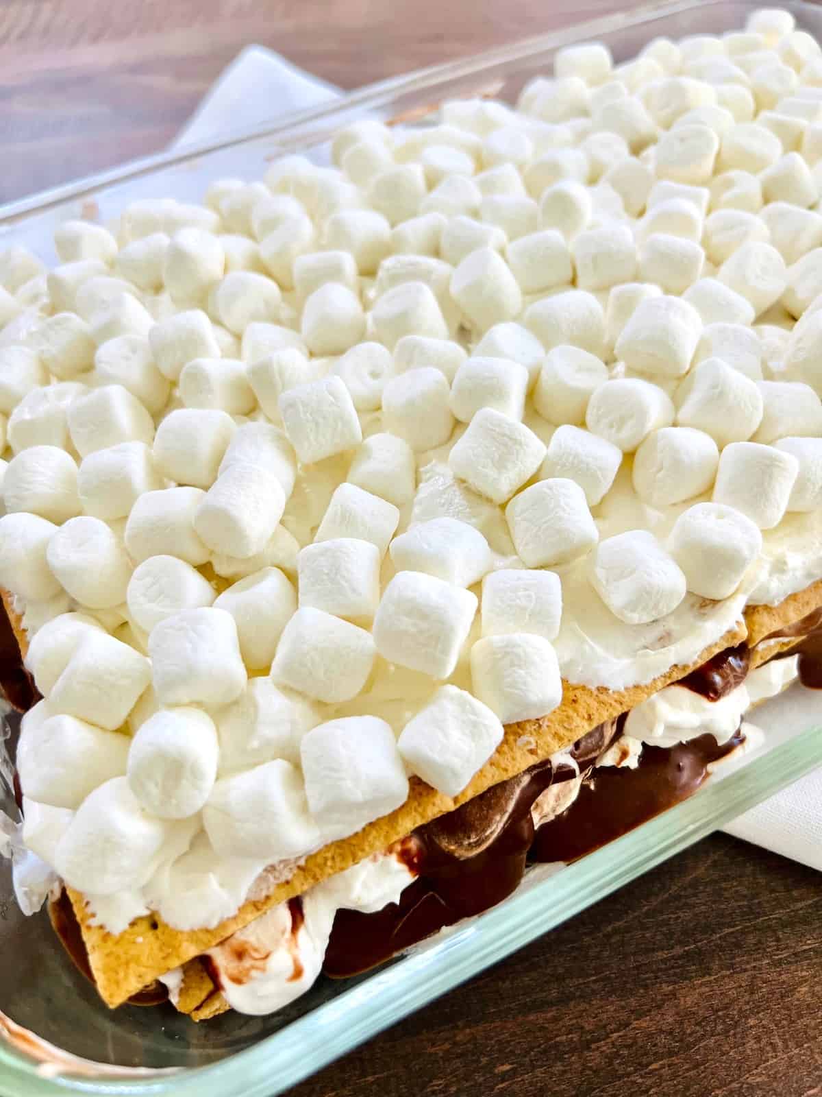S’mores Icebox Cake All layers done with mini marshmallows on top.